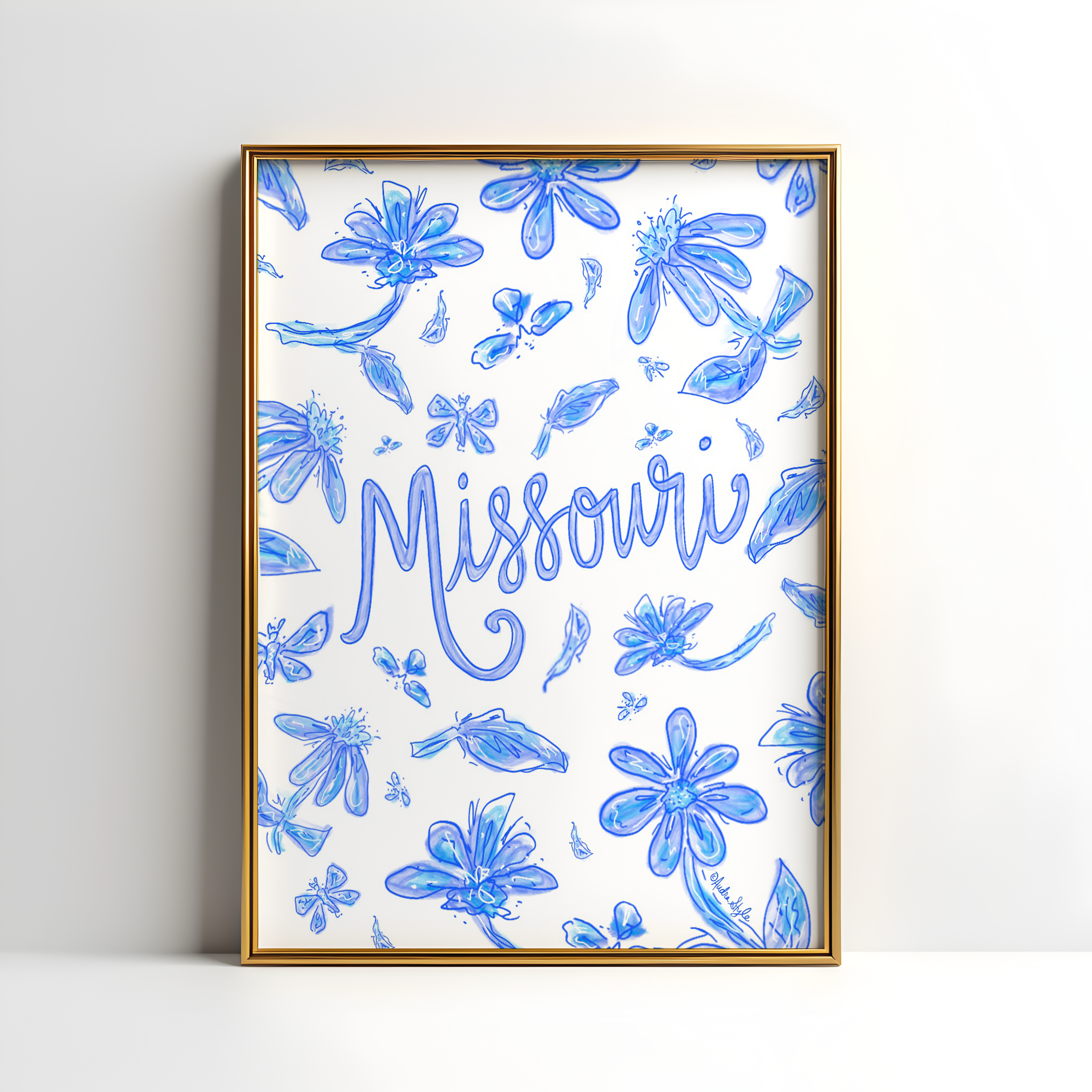 Missouri Art Print on Paper or Canvas - State Pride, Hometown, Blue White Floral Wall Art Poster