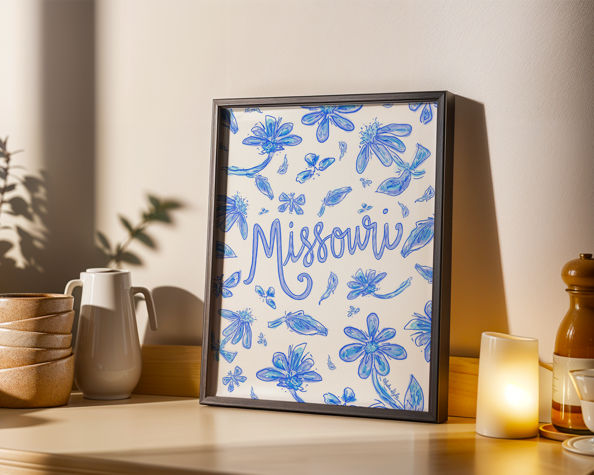 Missouri Art Print on Paper or Canvas - State Pride, Hometown, Blue White Floral Wall Art Poster