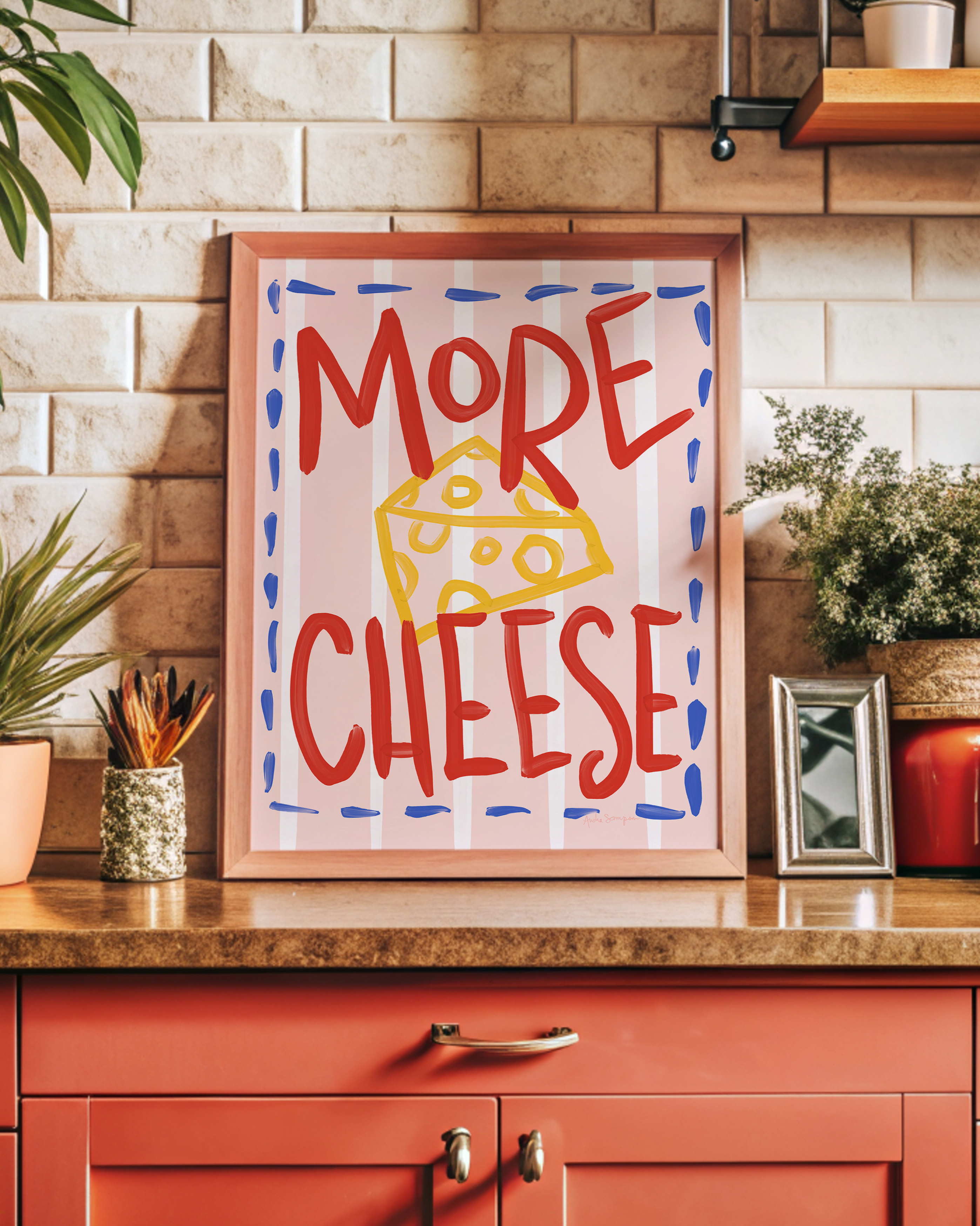 More Cheese Wall Art, Typography, Dopamine Decor, Colorful Kitchen Poster, Retro Food Art Prints