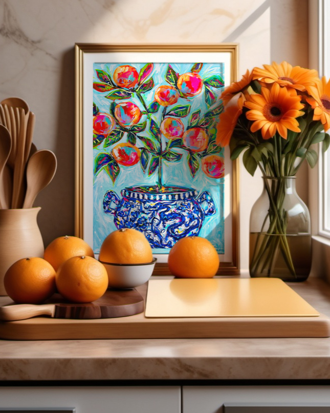 Orange Tree Art Print on Paper or Canvas - Blue White Decor, Colorful Wall Art Poster