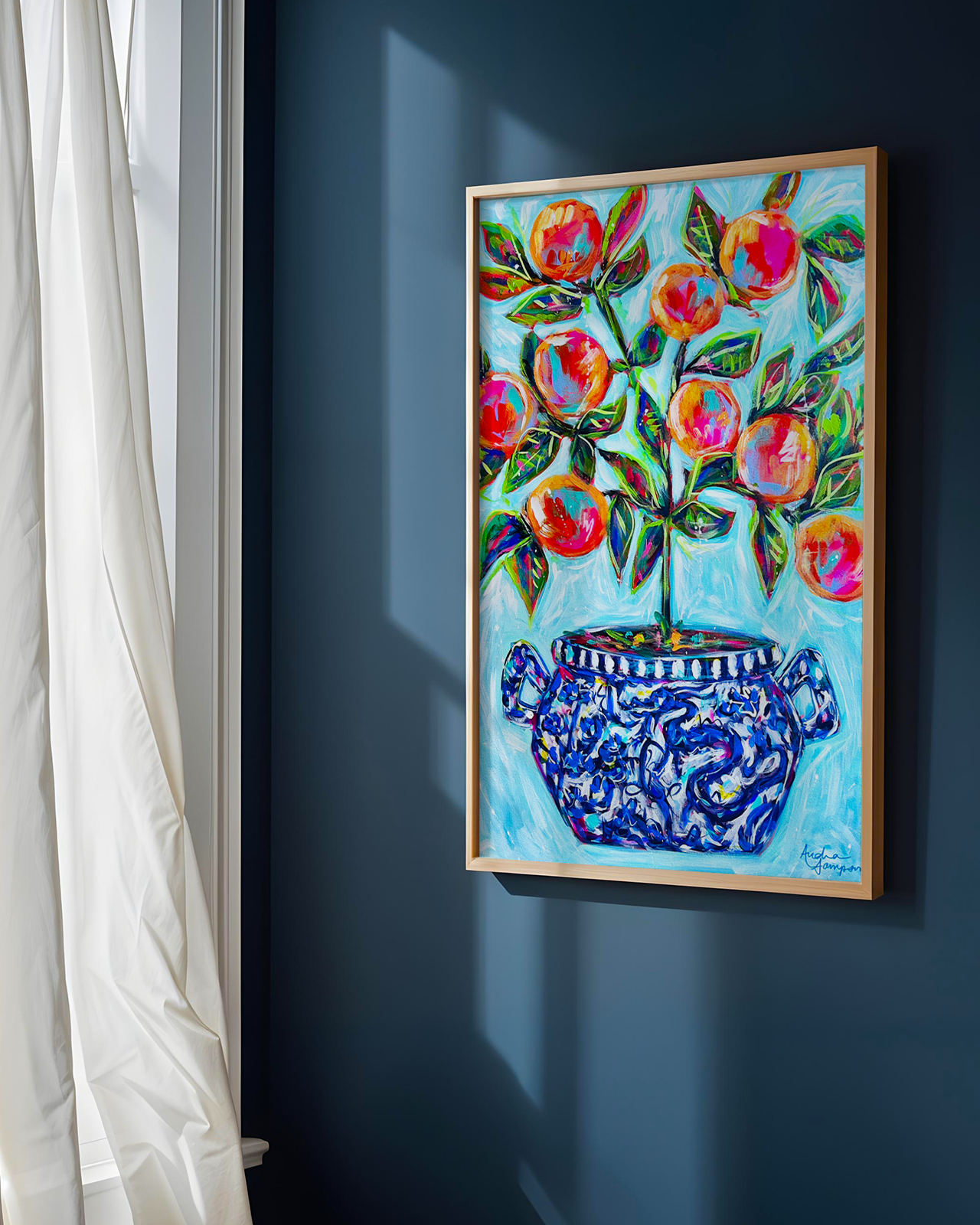 Orange Tree Art Print on Paper or Canvas - Blue White Decor, Colorful Wall Art Poster