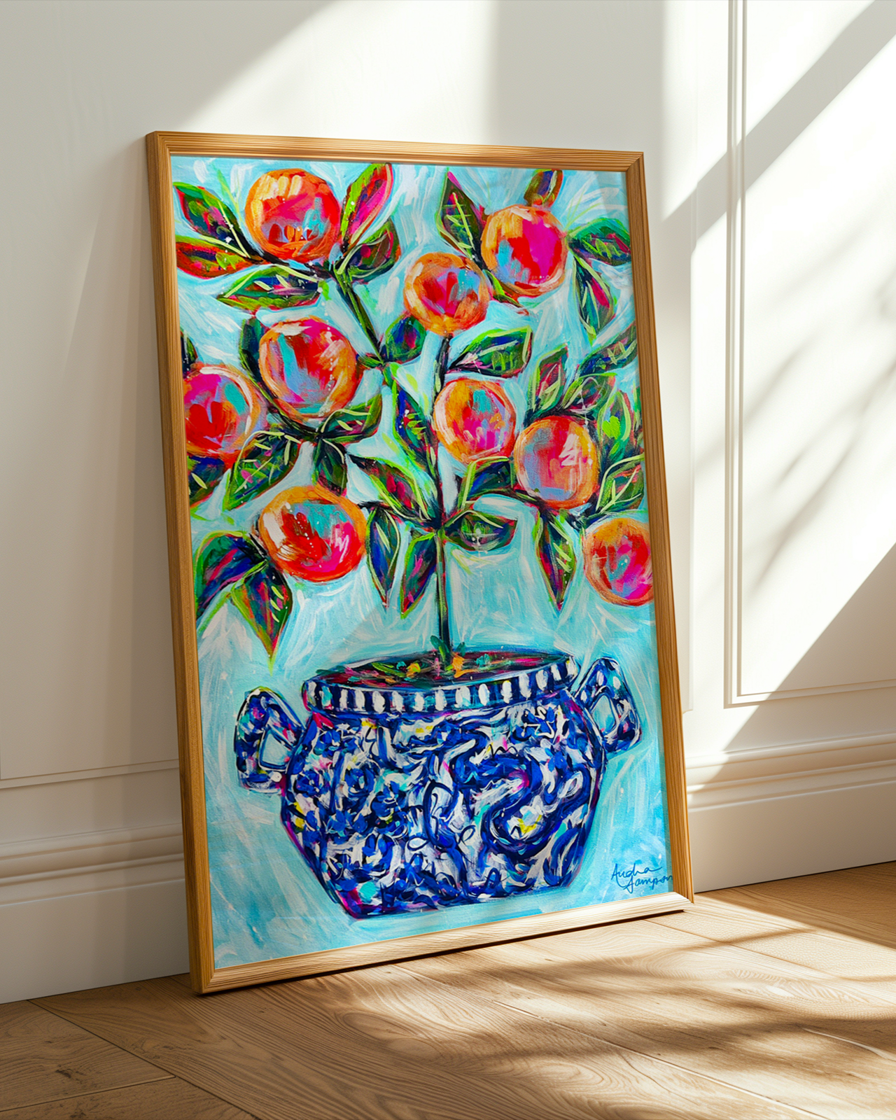 Orange Tree Art Print on Paper or Canvas - Blue White Decor, Colorful Wall Art Poster