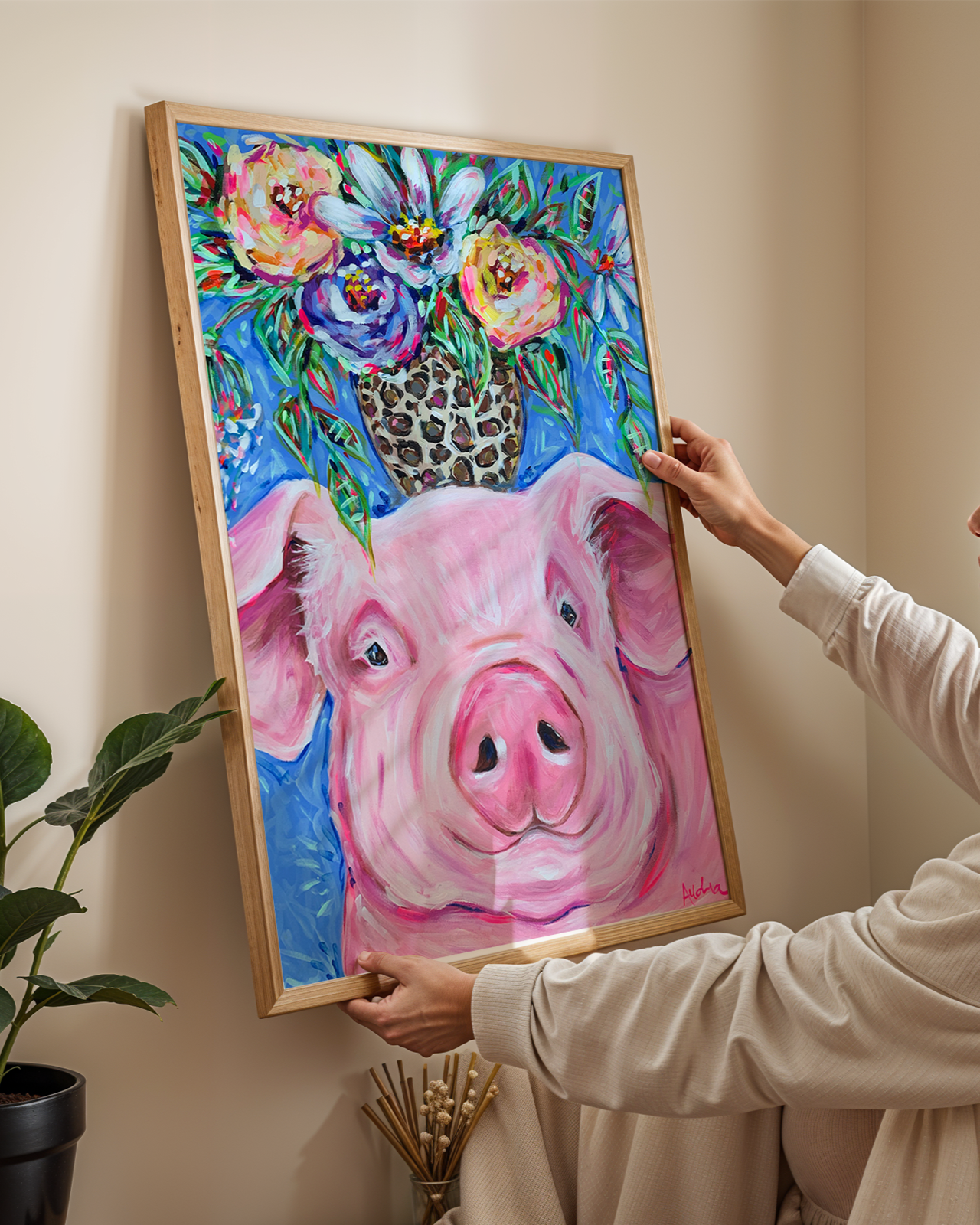 Pig Bouquet Art Print on Paper or Canvas - Dopamine Decor, Maximalist Wall Art, Farmhouse Poster