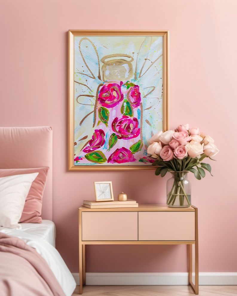 Rose Angel Art Print on Paper or Canvas - Pink Decor, Colorful Wall Art Poster