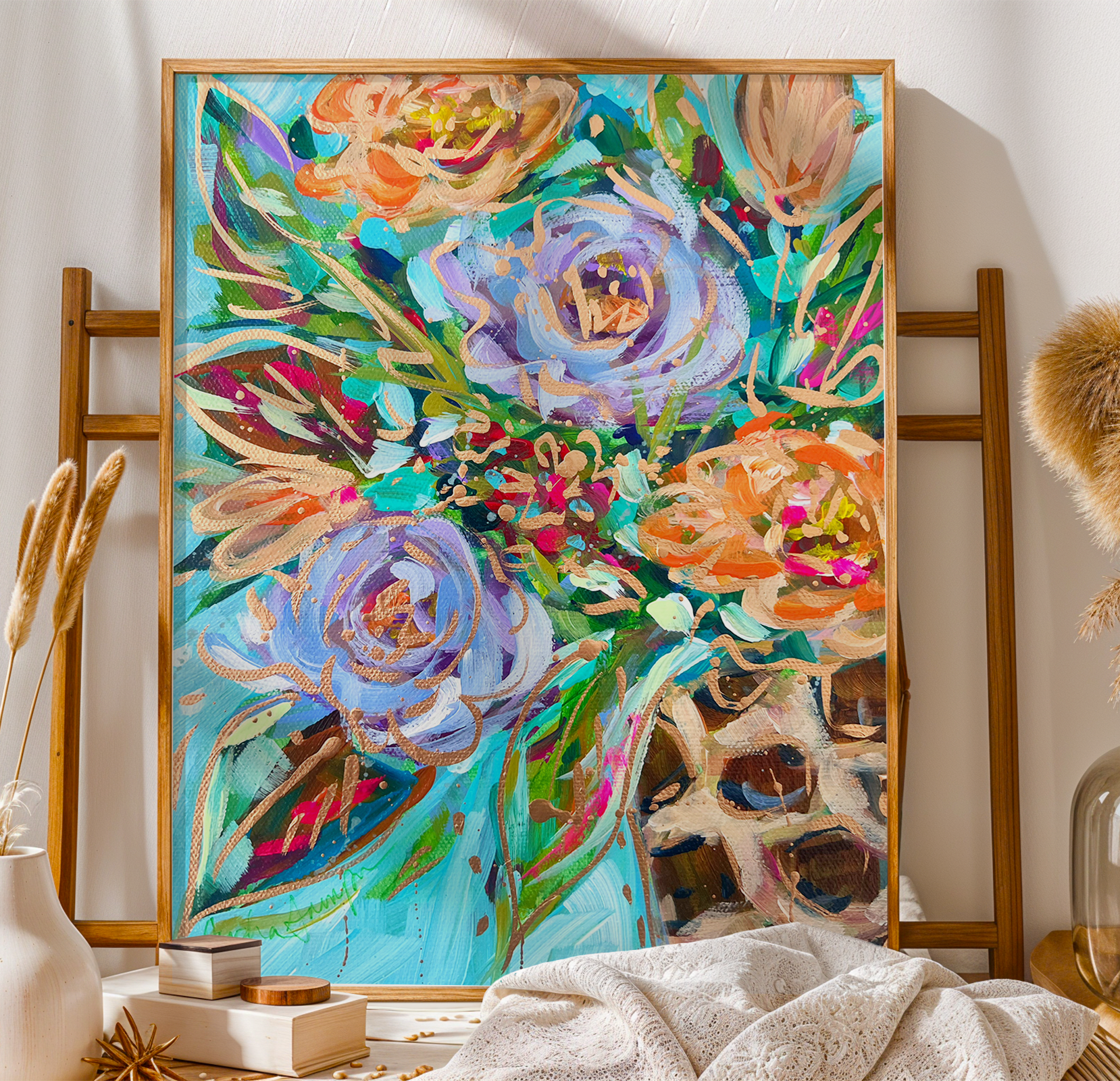 Purple Orange Floral Leopard Vase Reproduction Print - On Paper or Canvas