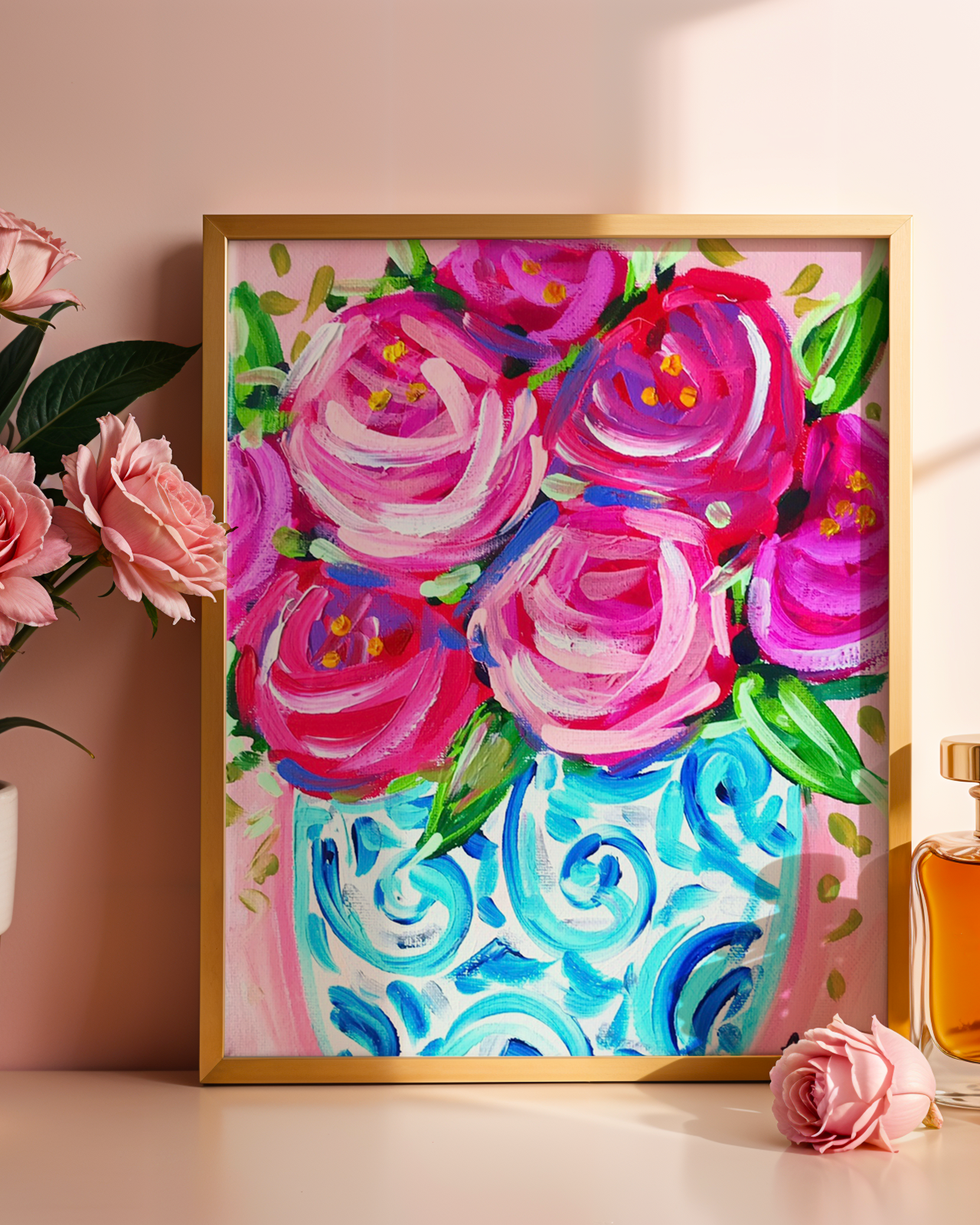 Roses in Ginger Jar Art Print on Paper or Canvas - Pink Decor, Grand Millennial, Colorful Wall Poster