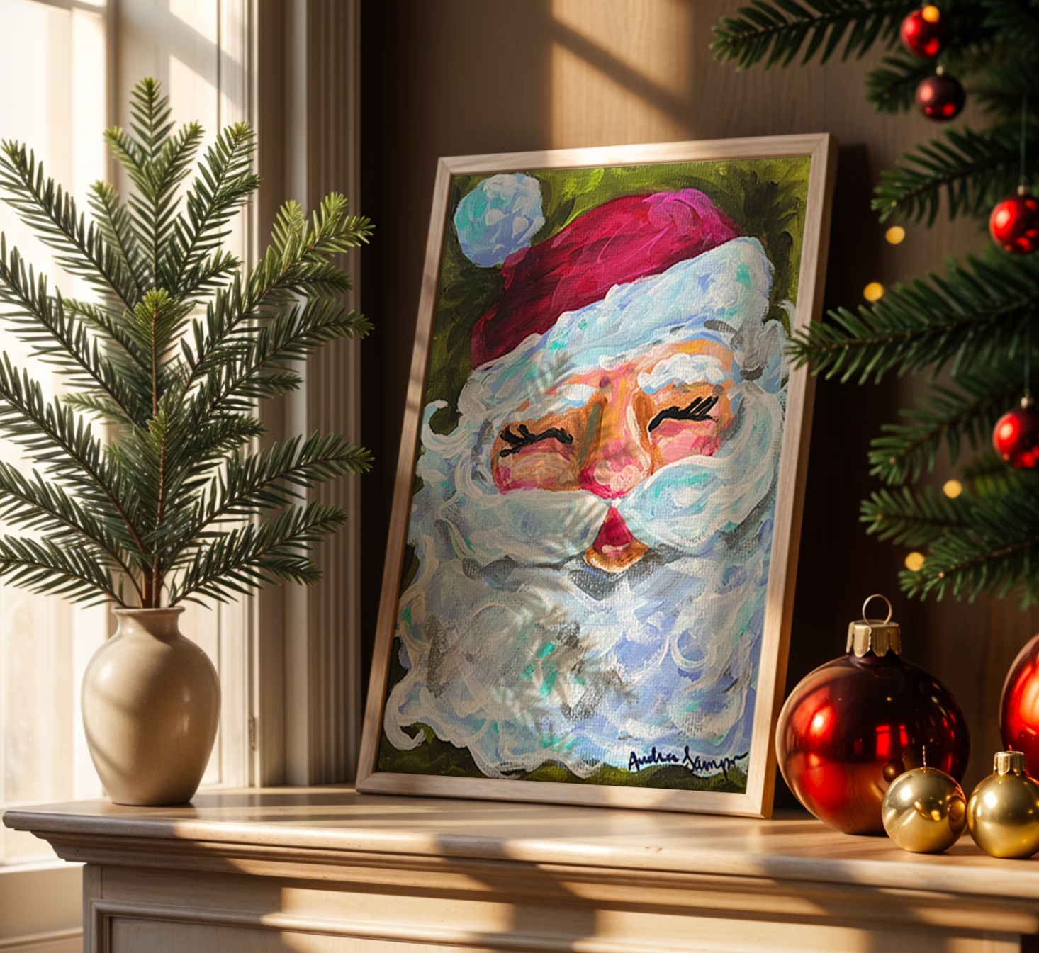 Santa Claus on Green Christmas Reproduction Print - On Paper or Canvas