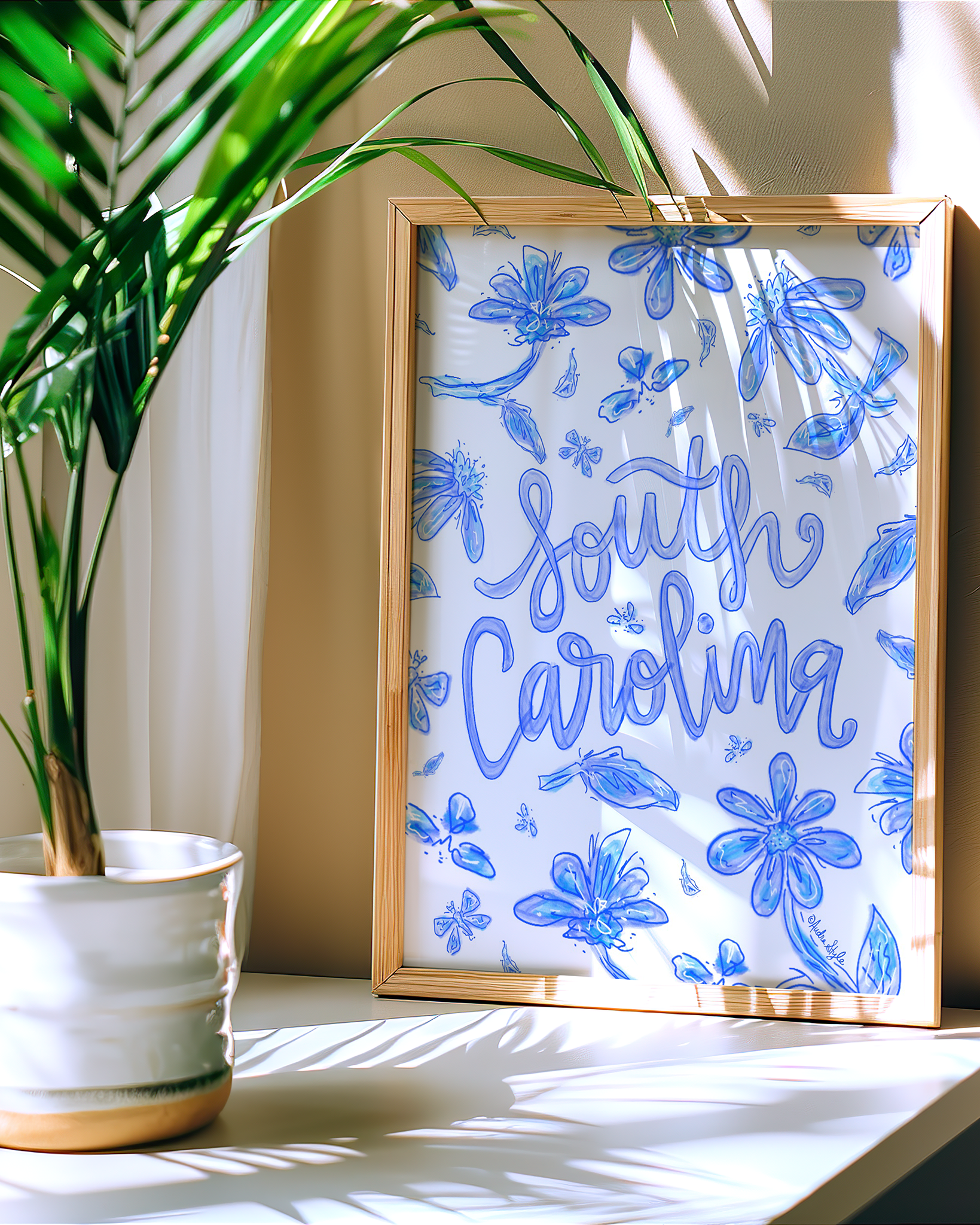 South Carolina Art Print on Paper or Canvas - State Pride, Hometown, Blue White Floral Wall Art Poster