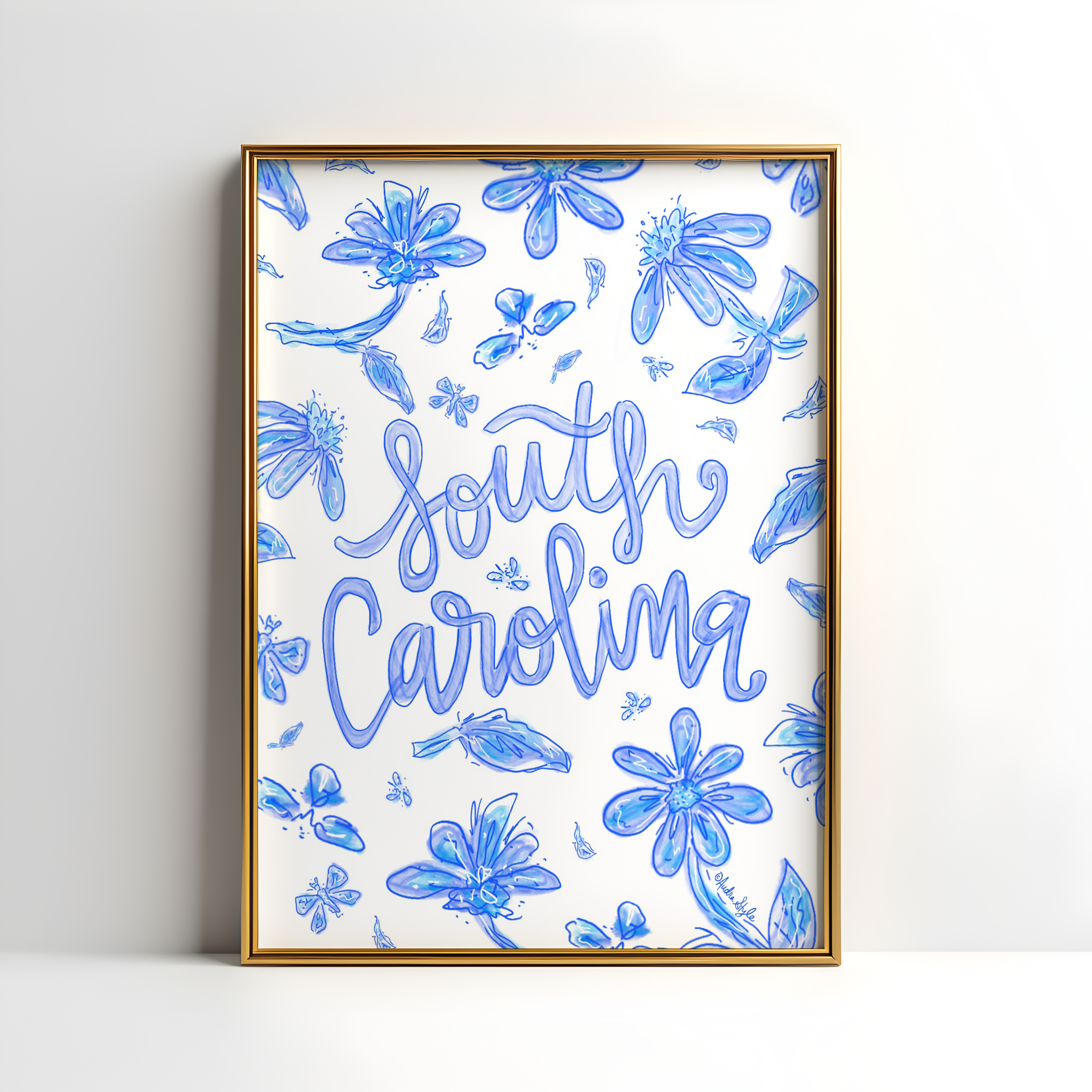 South Carolina Art Print on Paper or Canvas - State Pride, Hometown, Blue White Floral Wall Art Poster