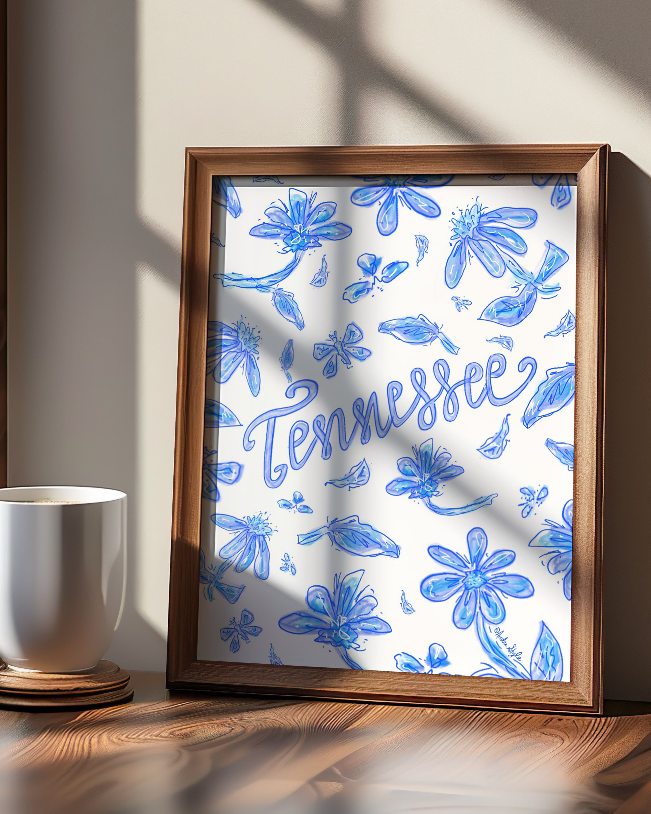 Tennessee Art Print on Paper or Canvas - State Pride, Hometown, Blue White Floral Wall Art Poster