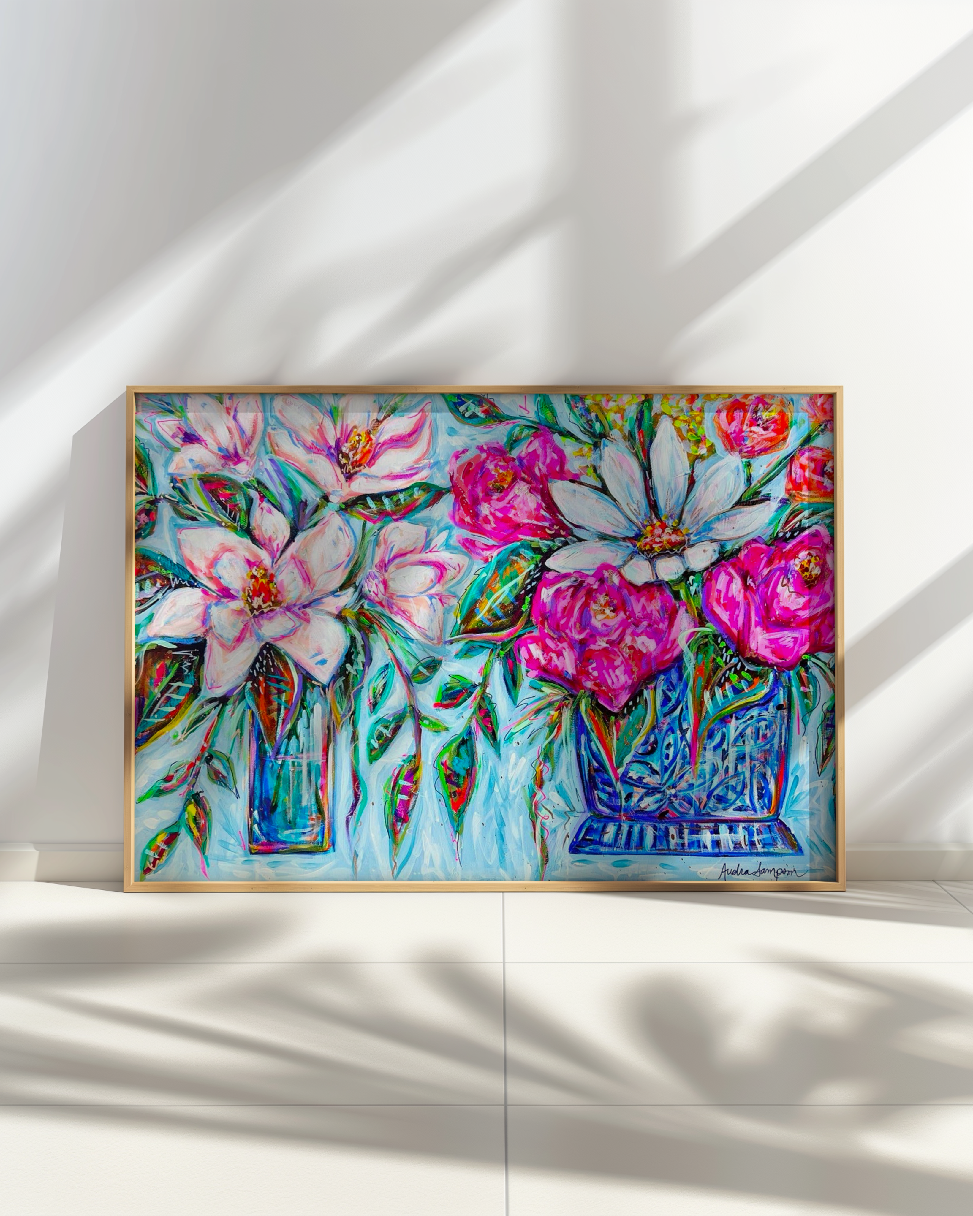 Magnolia and Floral Bouquet Art Print on Paper or Canvas - Colorful Grand Millennial Blue and White Decor Poster