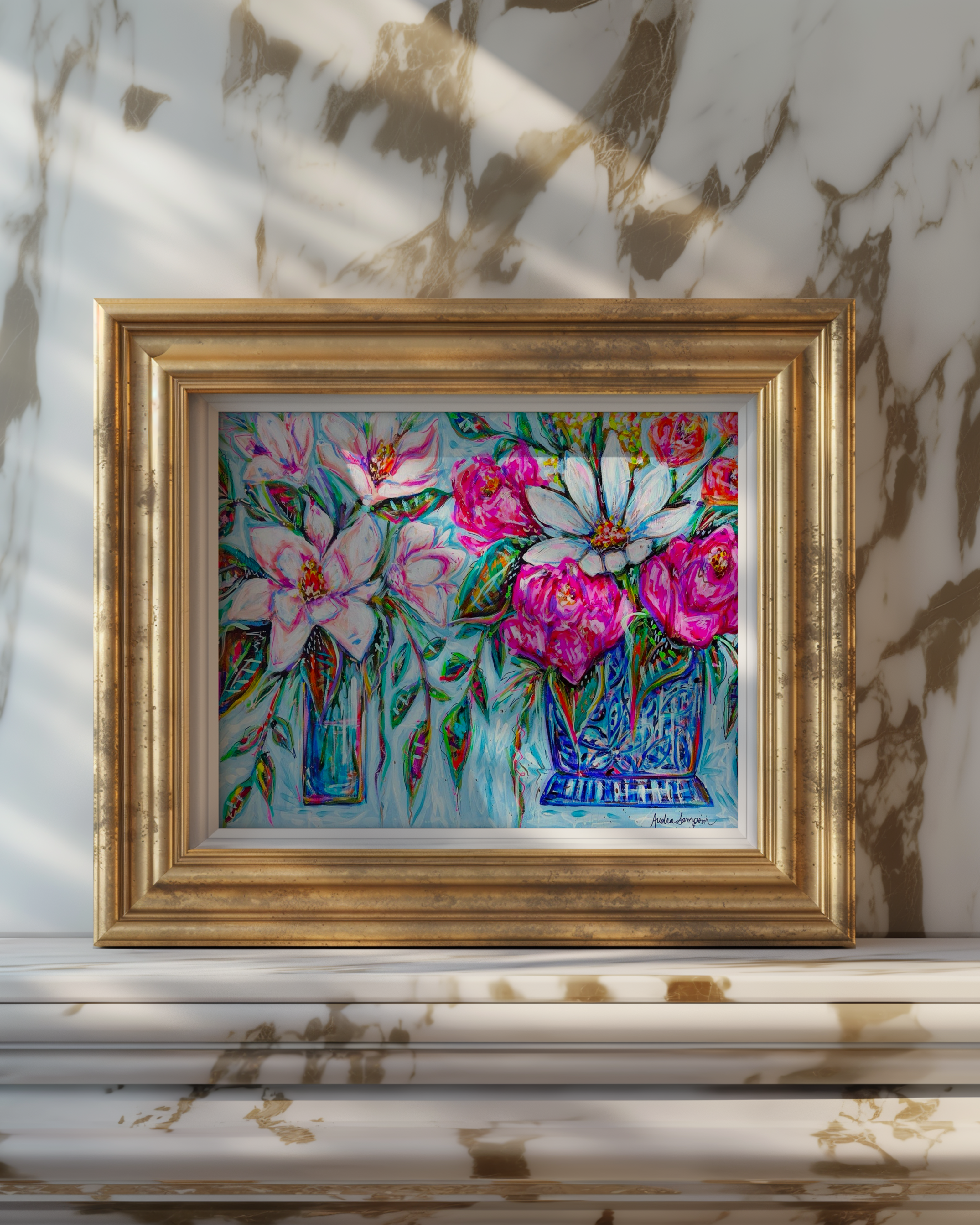 Magnolia and Floral Bouquet Art Print on Paper or Canvas - Colorful Grand Millennial Blue and White Decor Poster