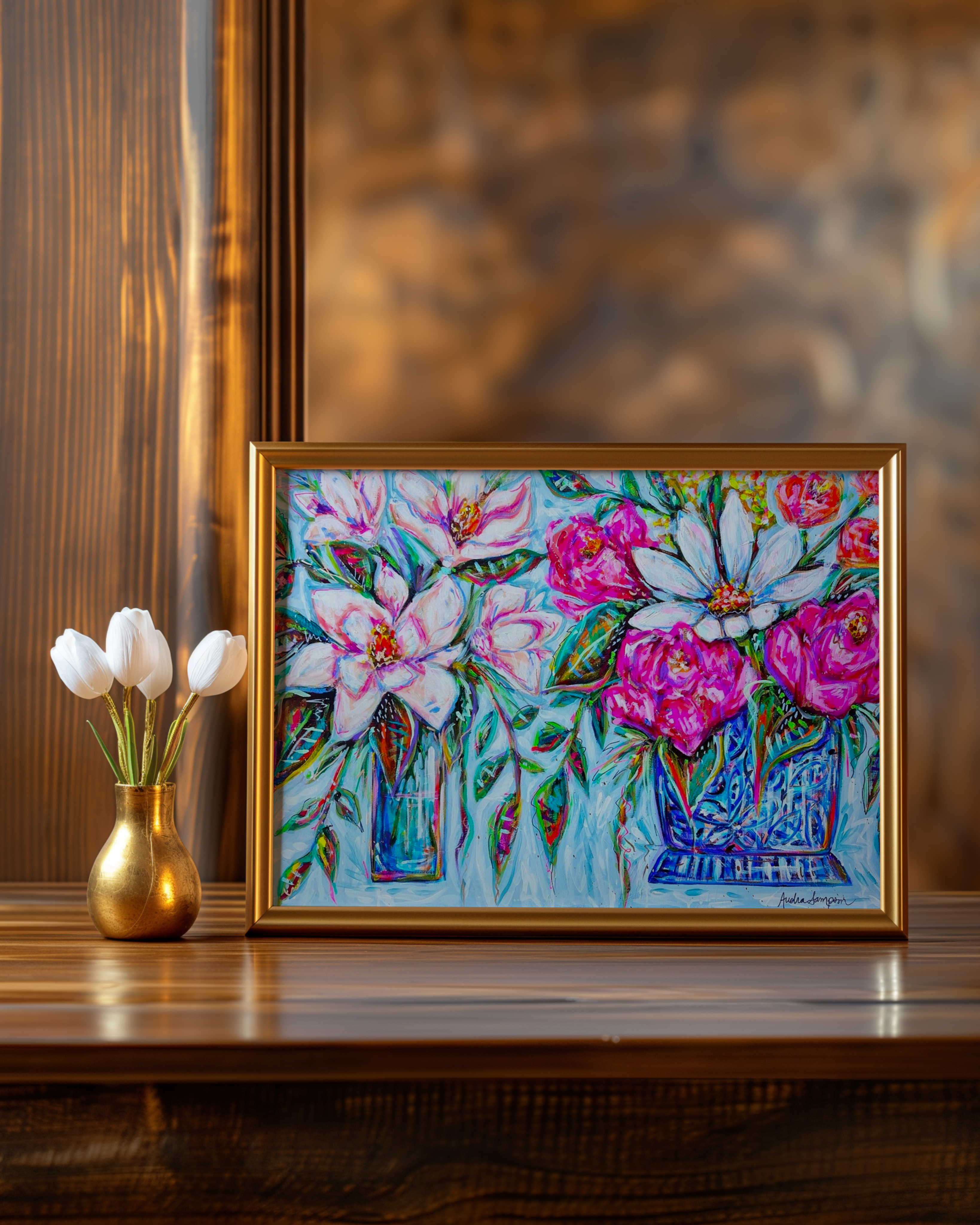 Magnolia and Floral Bouquet Art Print on Paper or Canvas - Colorful Grand Millennial Blue and White Decor Poster