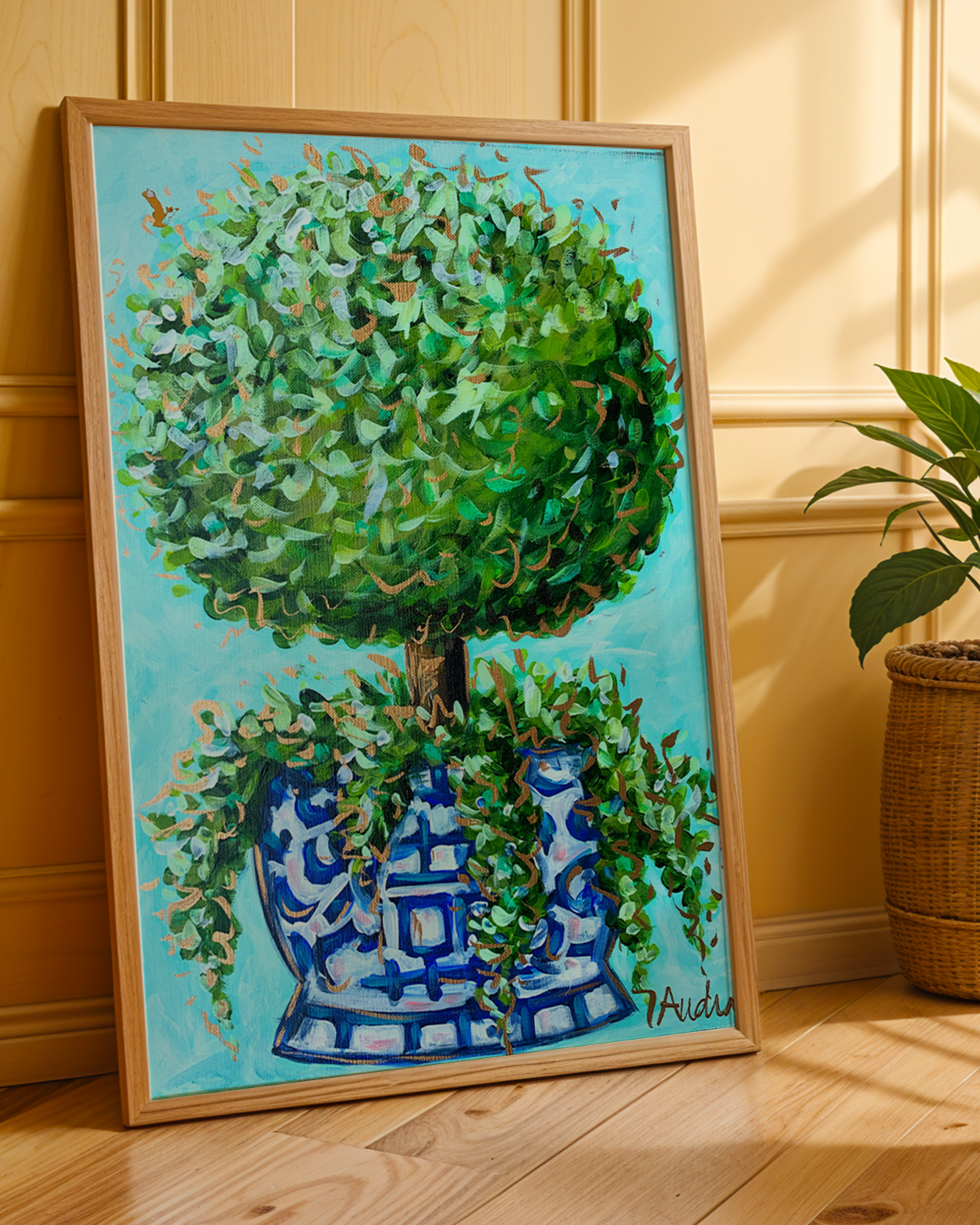 Topiary Art Print on Paper or Canvas - Blue and White Decor, Grand Millennial Wall Art Poster