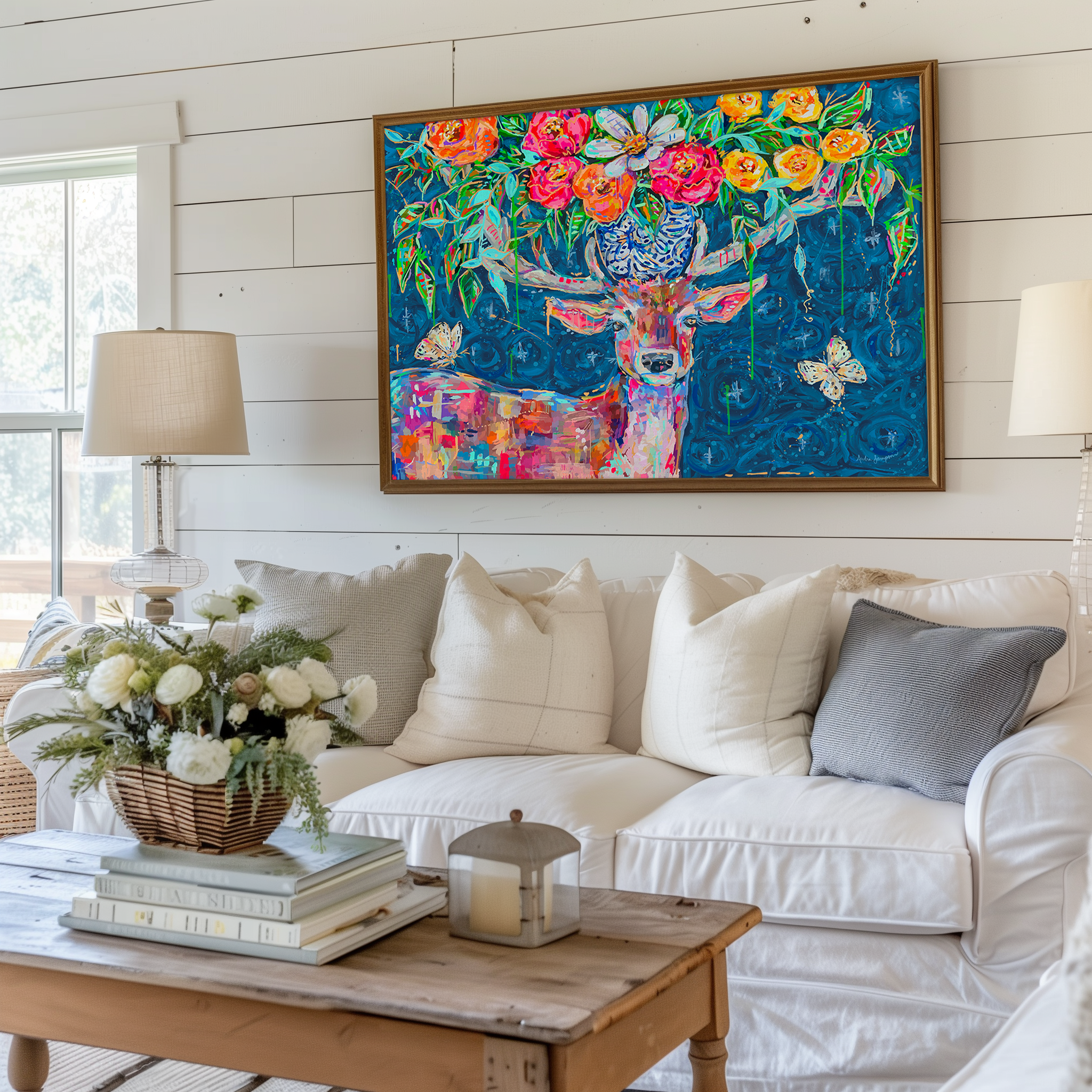 Starry Night Deer Bouquet Art Print on Paper or Canvas - Blue and White Floral Decor, Maximalist Art Poster