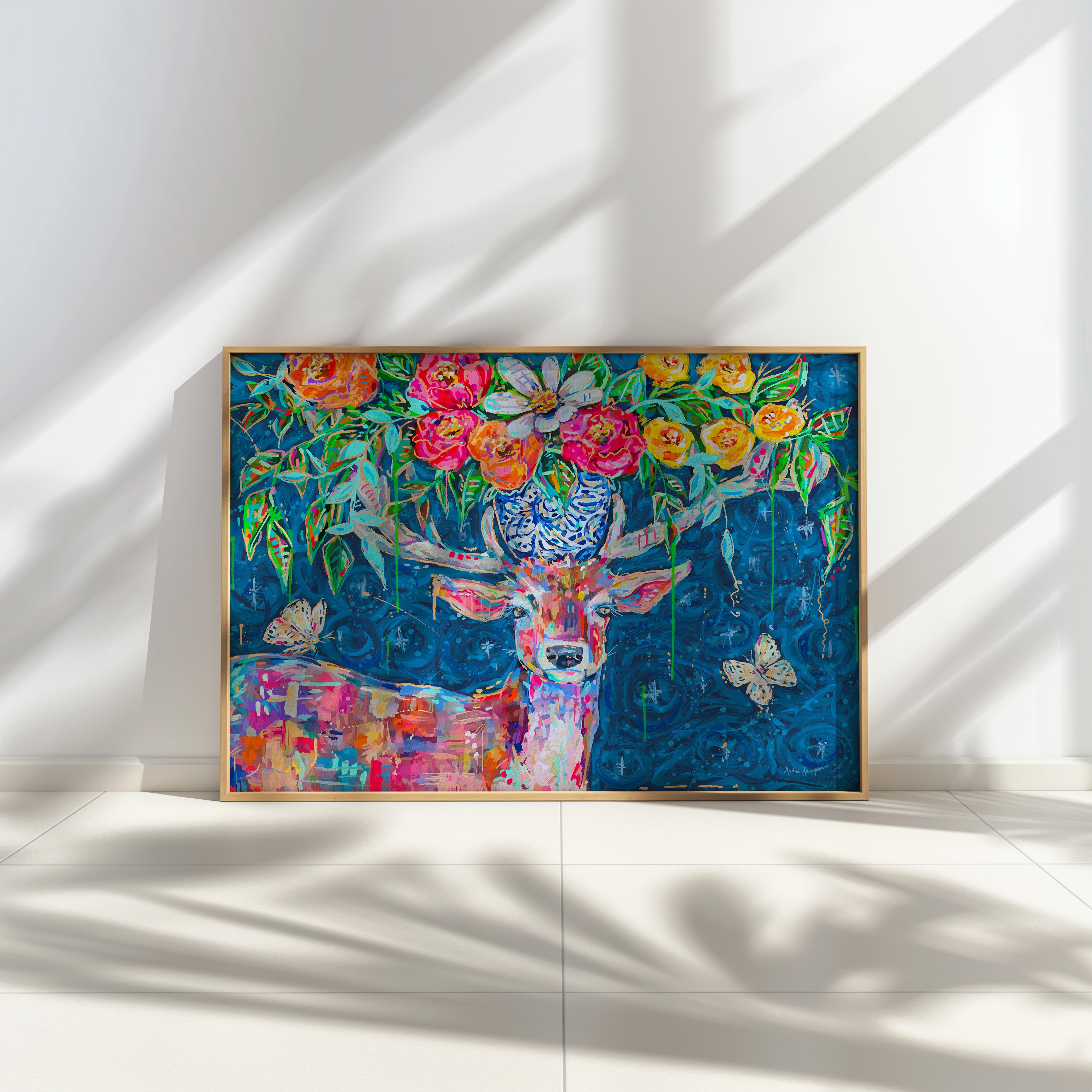 Starry Night Deer Bouquet Art Print on Paper or Canvas - Blue and White Floral Decor, Maximalist Art Poster