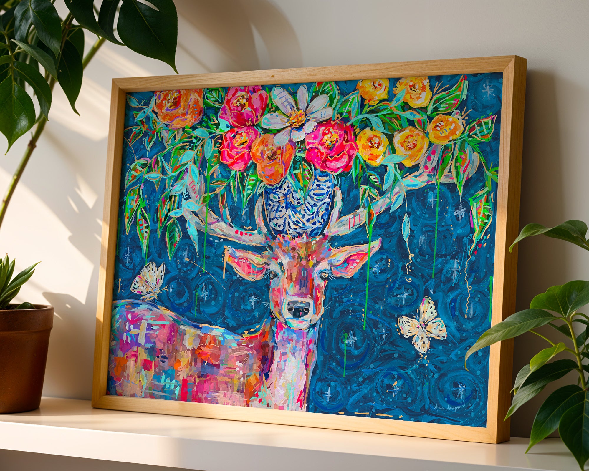 Starry Night Deer Bouquet Art Print on Paper or Canvas - Blue and White Floral Decor, Maximalist Art Poster