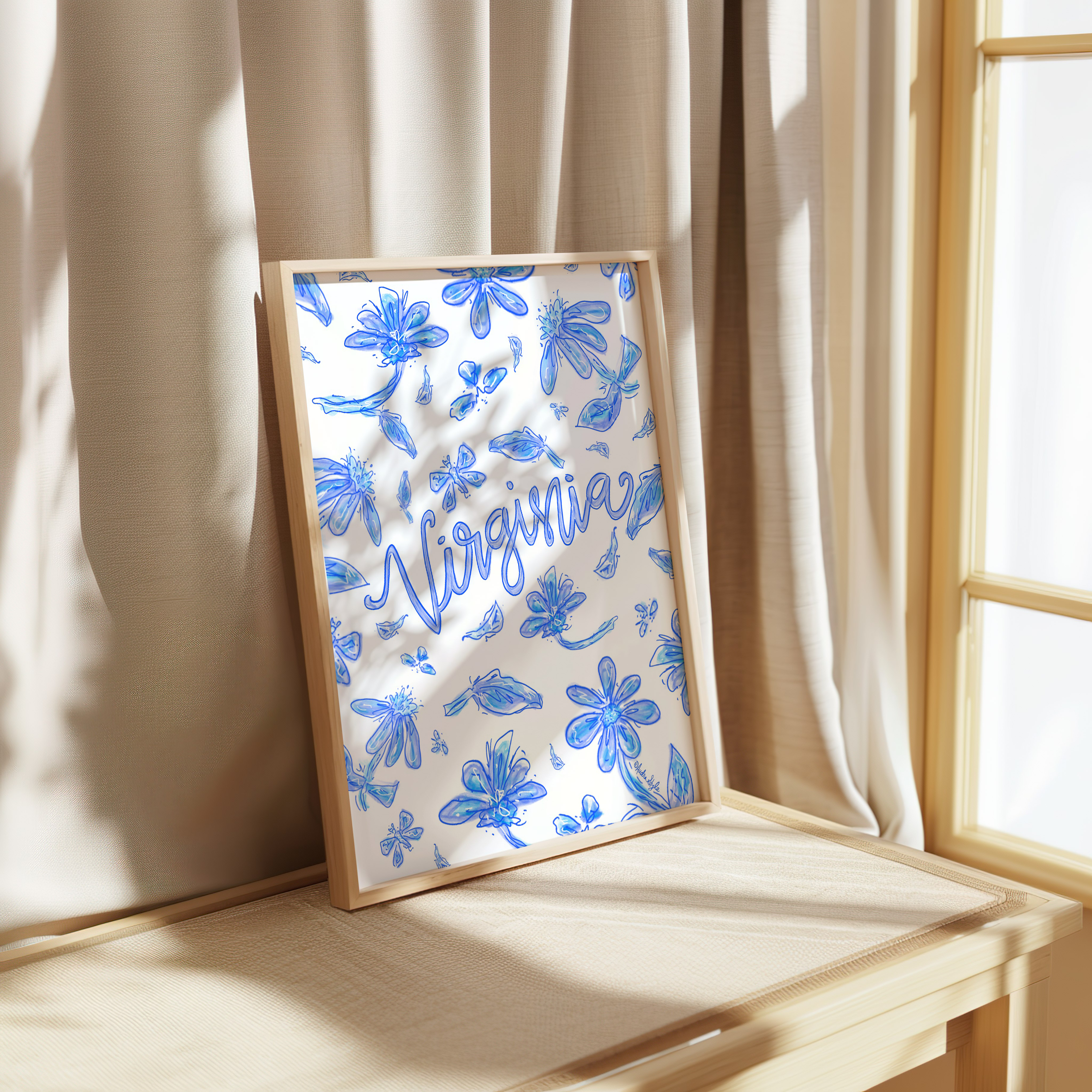 Virginia Art Print on Paper or Canvas - State Pride, Hometown, Blue White Floral Wall Art Poster