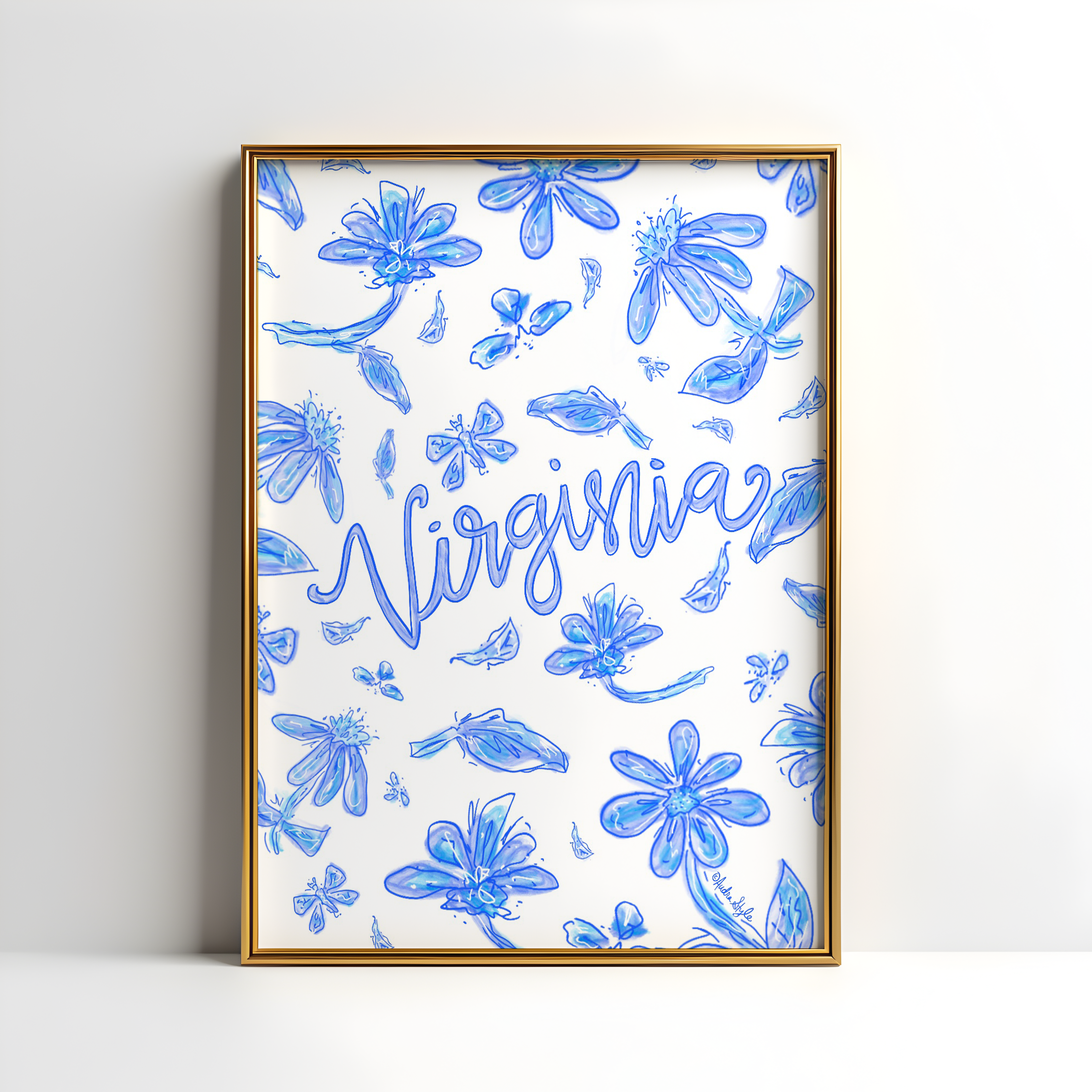 Virginia Art Print on Paper or Canvas - State Pride, Hometown, Blue White Floral Wall Art Poster