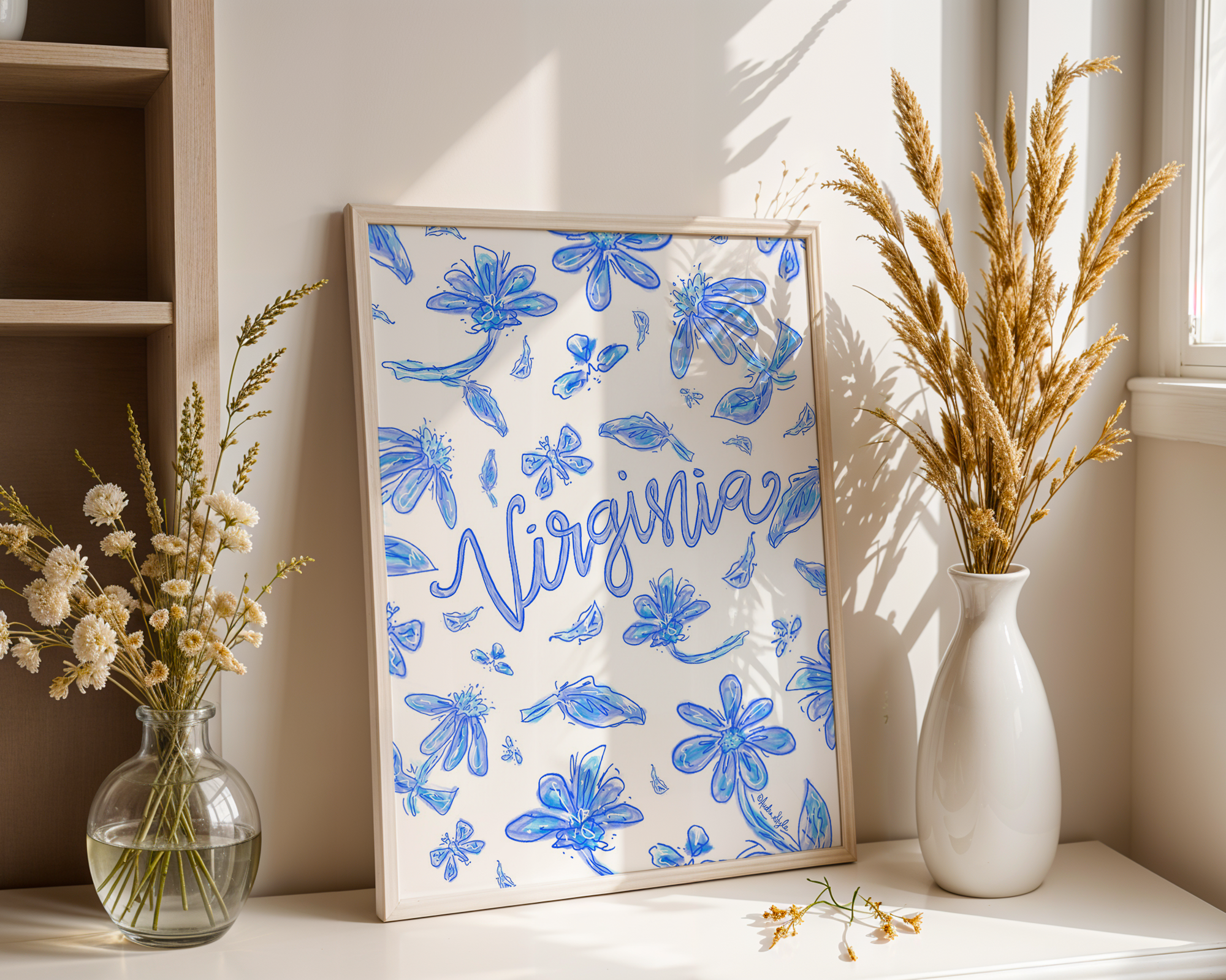 Virginia Art Print on Paper or Canvas - State Pride, Hometown, Blue White Floral Wall Art Poster