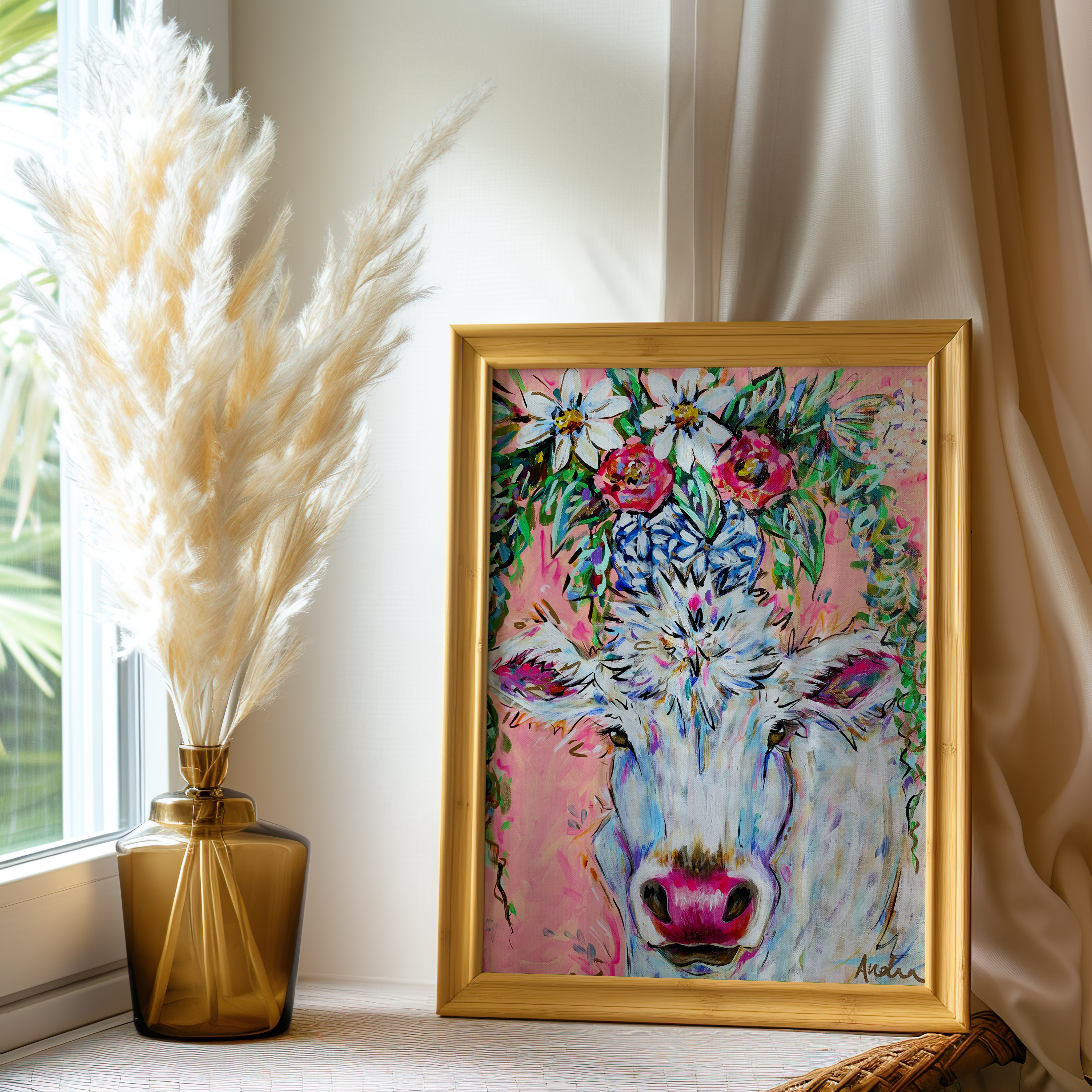 Cow Art Print on Paper or Canvas - Maximalist Decor, Farmhouse Art Poster, Colorful Floral Art Print