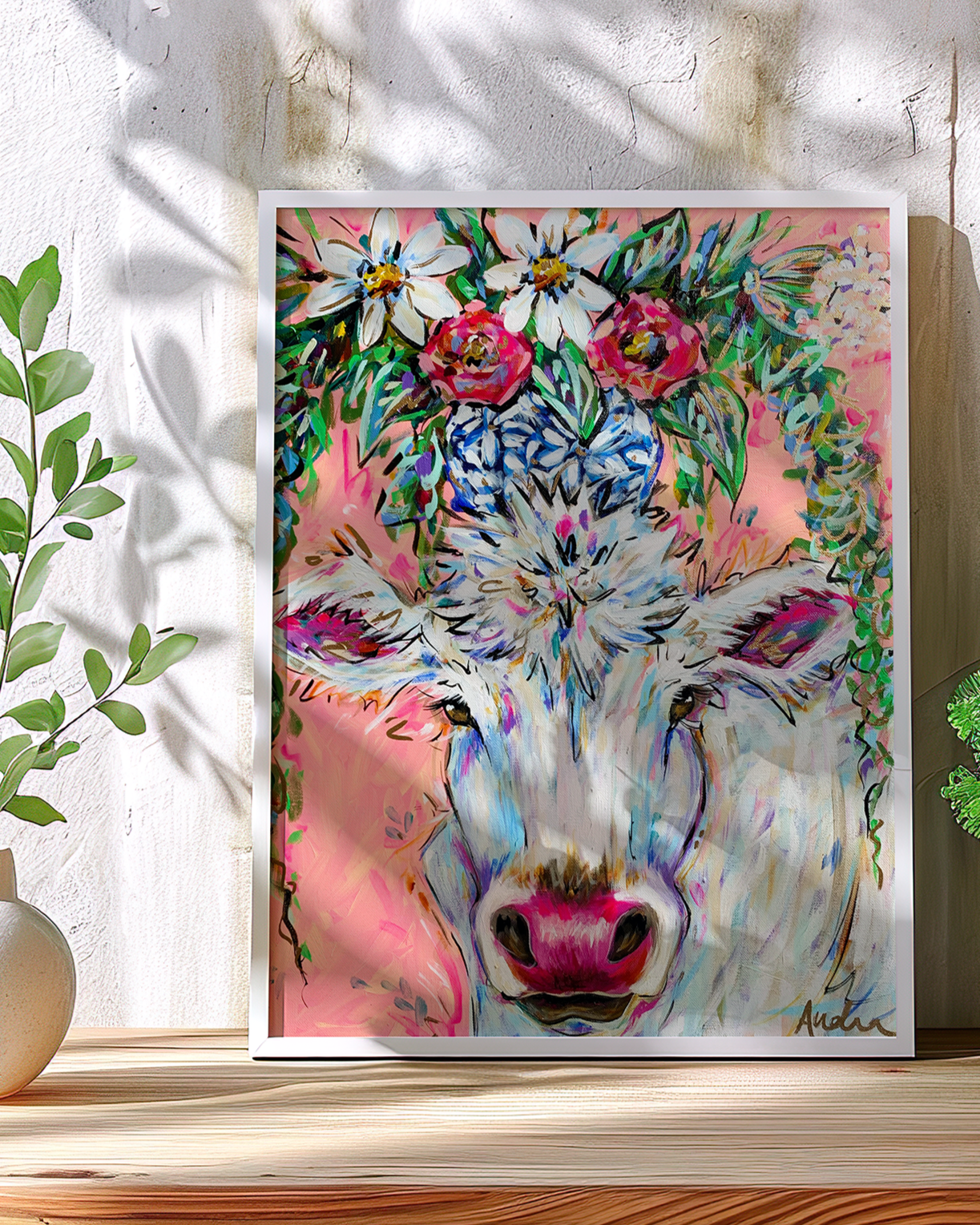 Cow Art Print on Paper or Canvas - Maximalist Decor, Farmhouse Art Poster, Colorful Floral Art Print