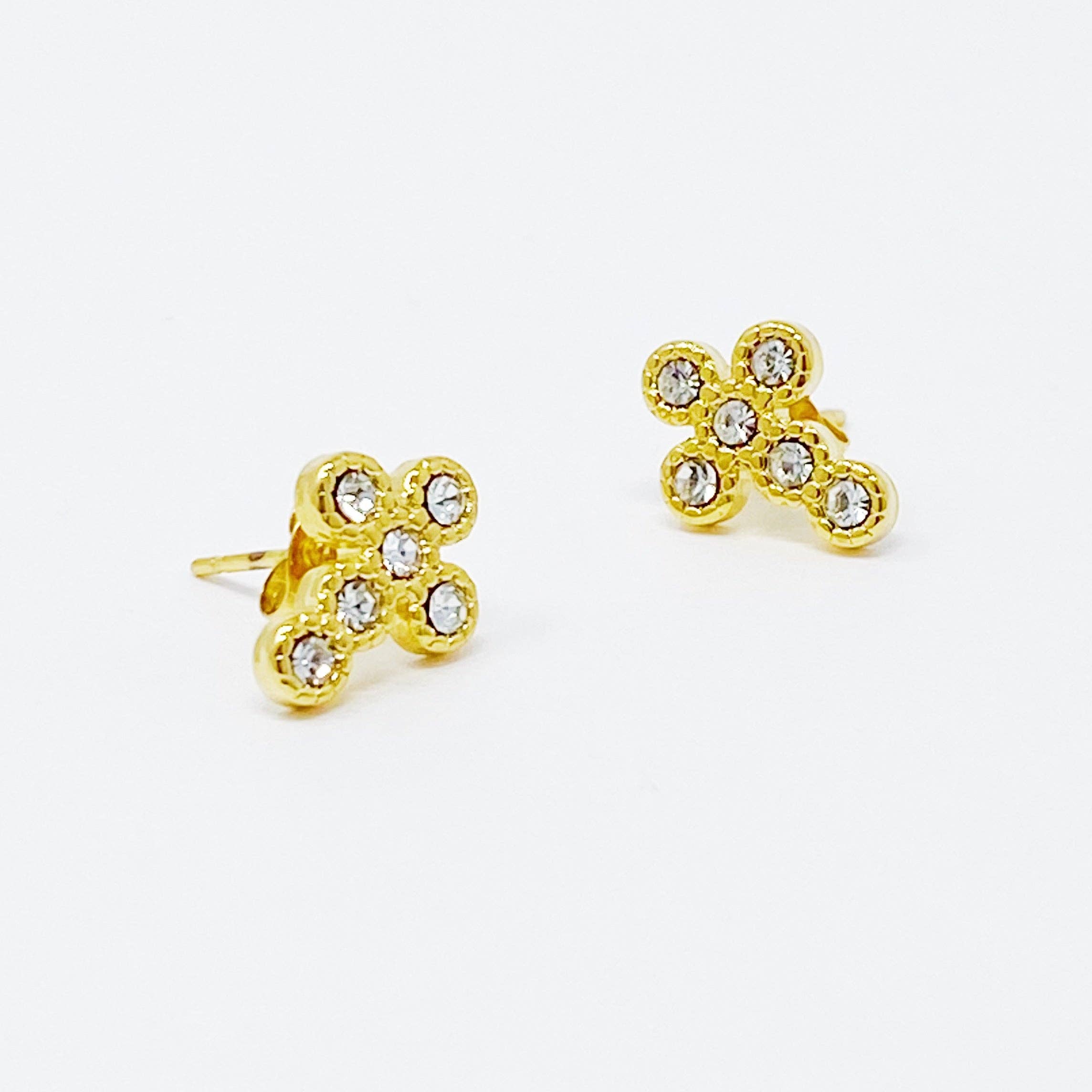 Dainty Cross Stud Earrings: Clear Crystal