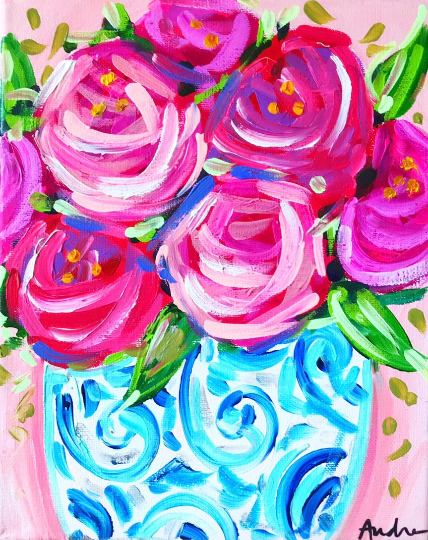 Roses in Ginger Jar Art Print on Paper or Canvas - Pink Decor, Grand Millennial, Colorful Wall Poster