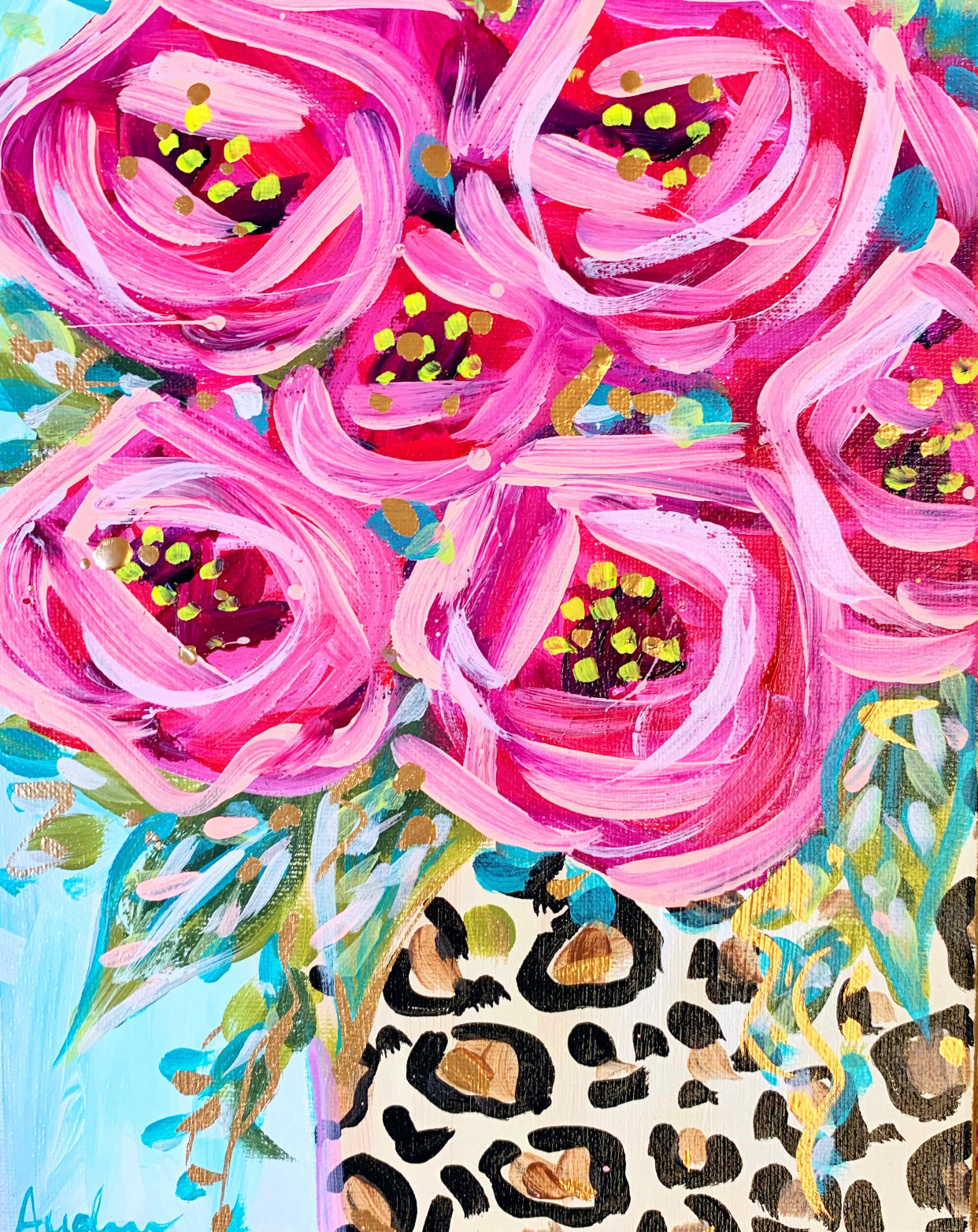 Leopard Rose Bouquet Art Print on Paper or Canvas - Maximalist Decor, Colorful Wall Poster, Pink Decor