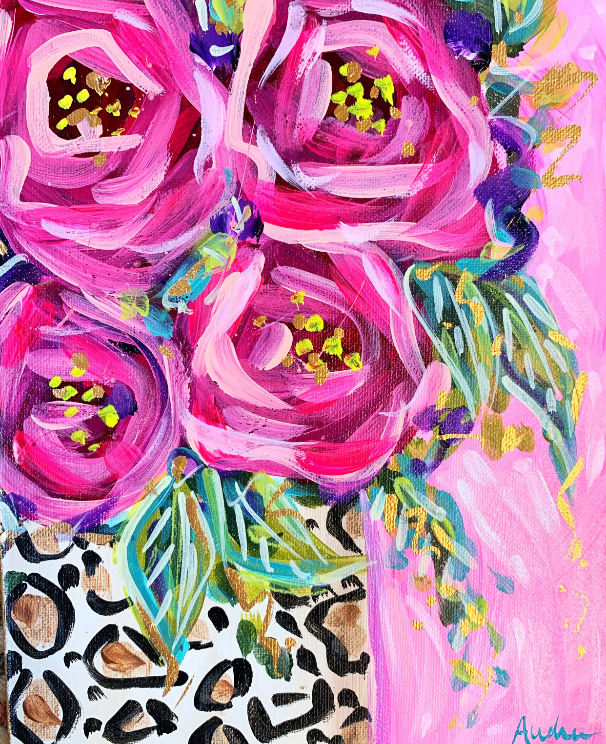 Leopard Rose Bouquet Art Print on Paper or Canvas - Maximalist Decor, Pink Wall Art Poster