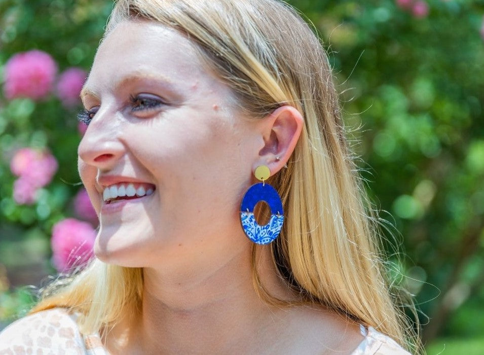 Amanda - Blue White Navy Splatter-Dangle Earring