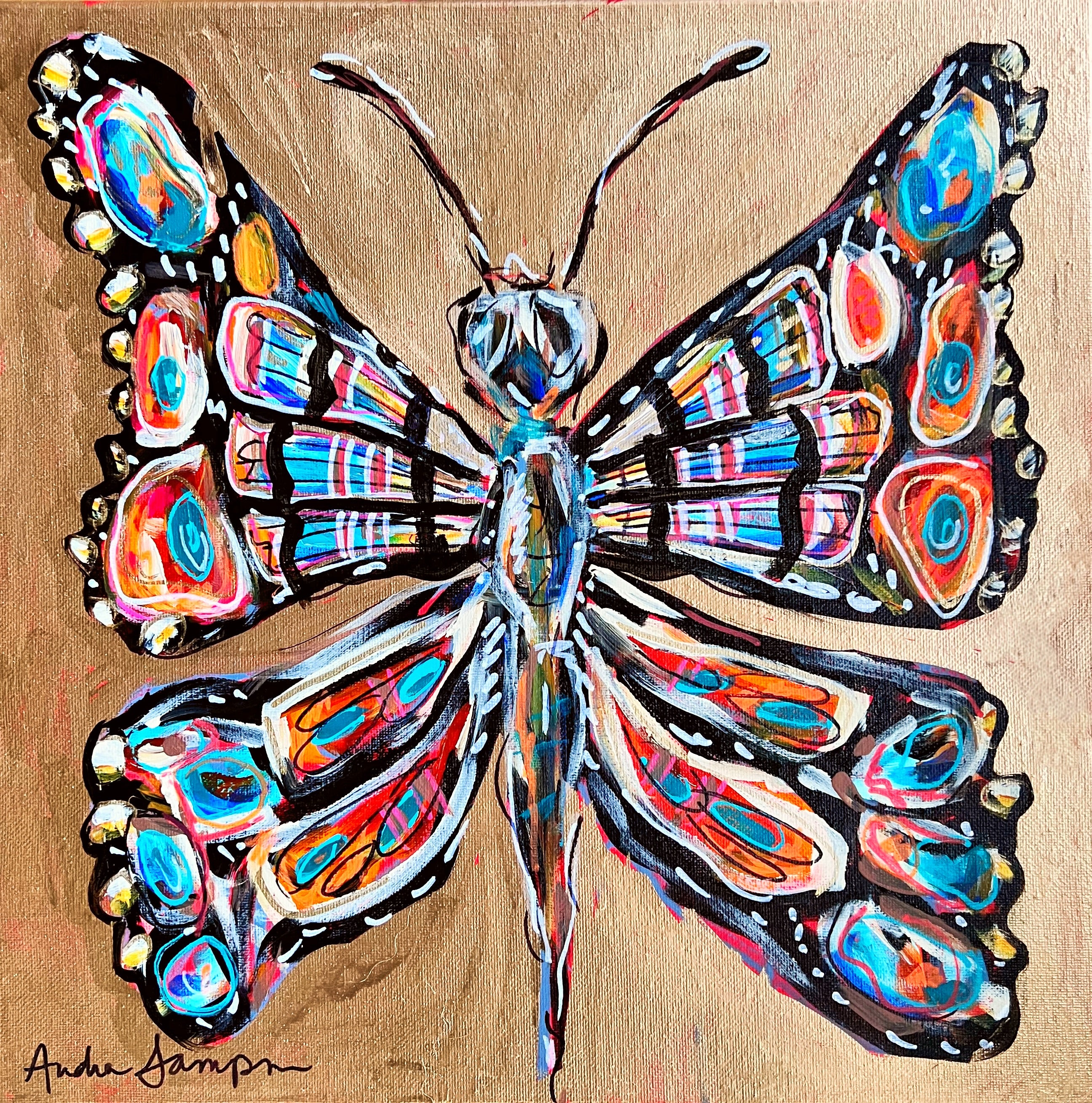 "New Beginnings" 14”x14” Original Butterfly Acrylic and Gold Leaf Painting on Canvas