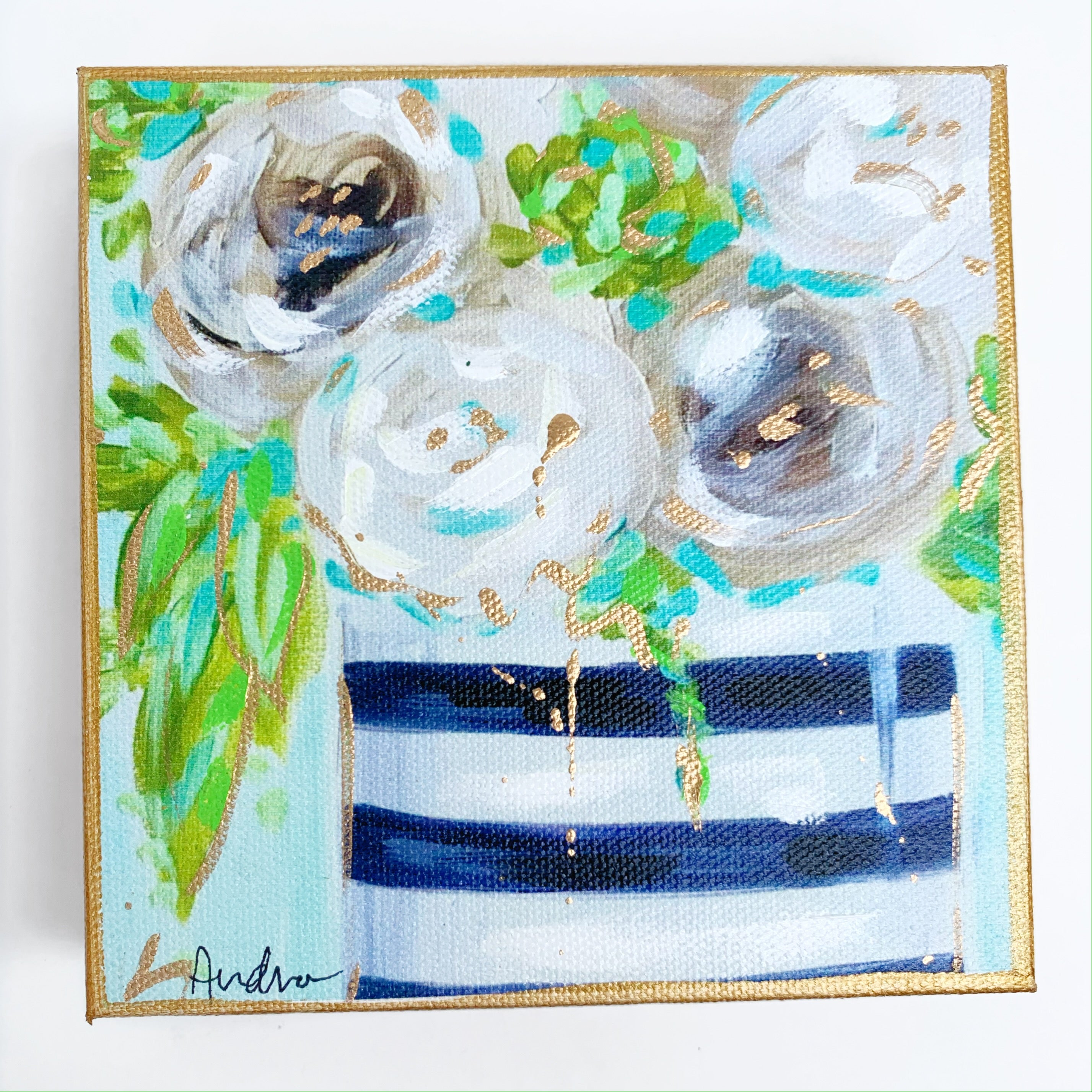 White Floral in Black Stripe Vase on 6"x6" Gallery Wrapped Canvas