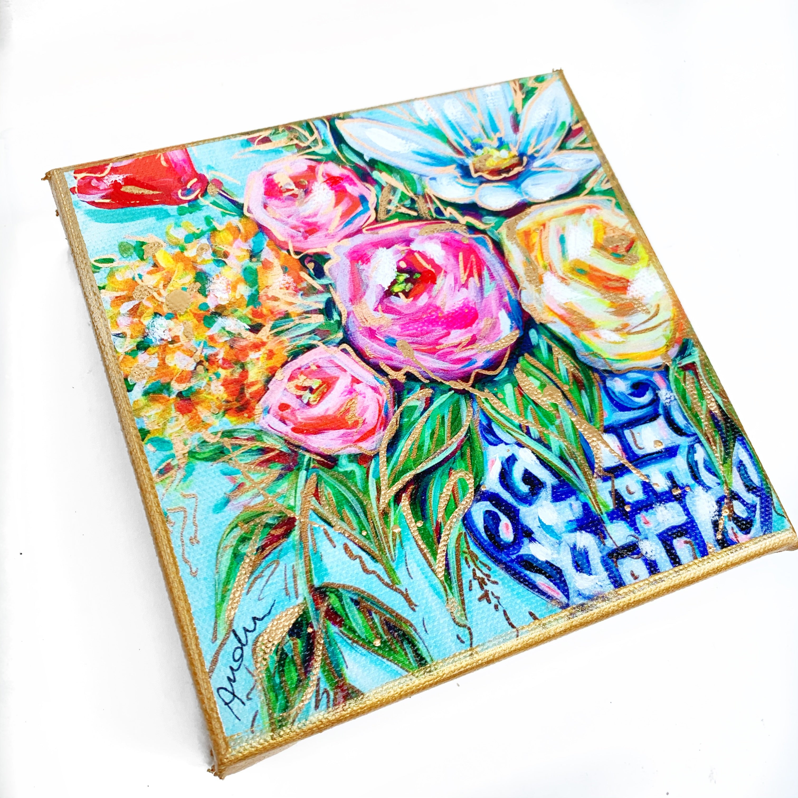 Floral in Ginger Jar on 6"x6" Gallery Wrapped Canvas