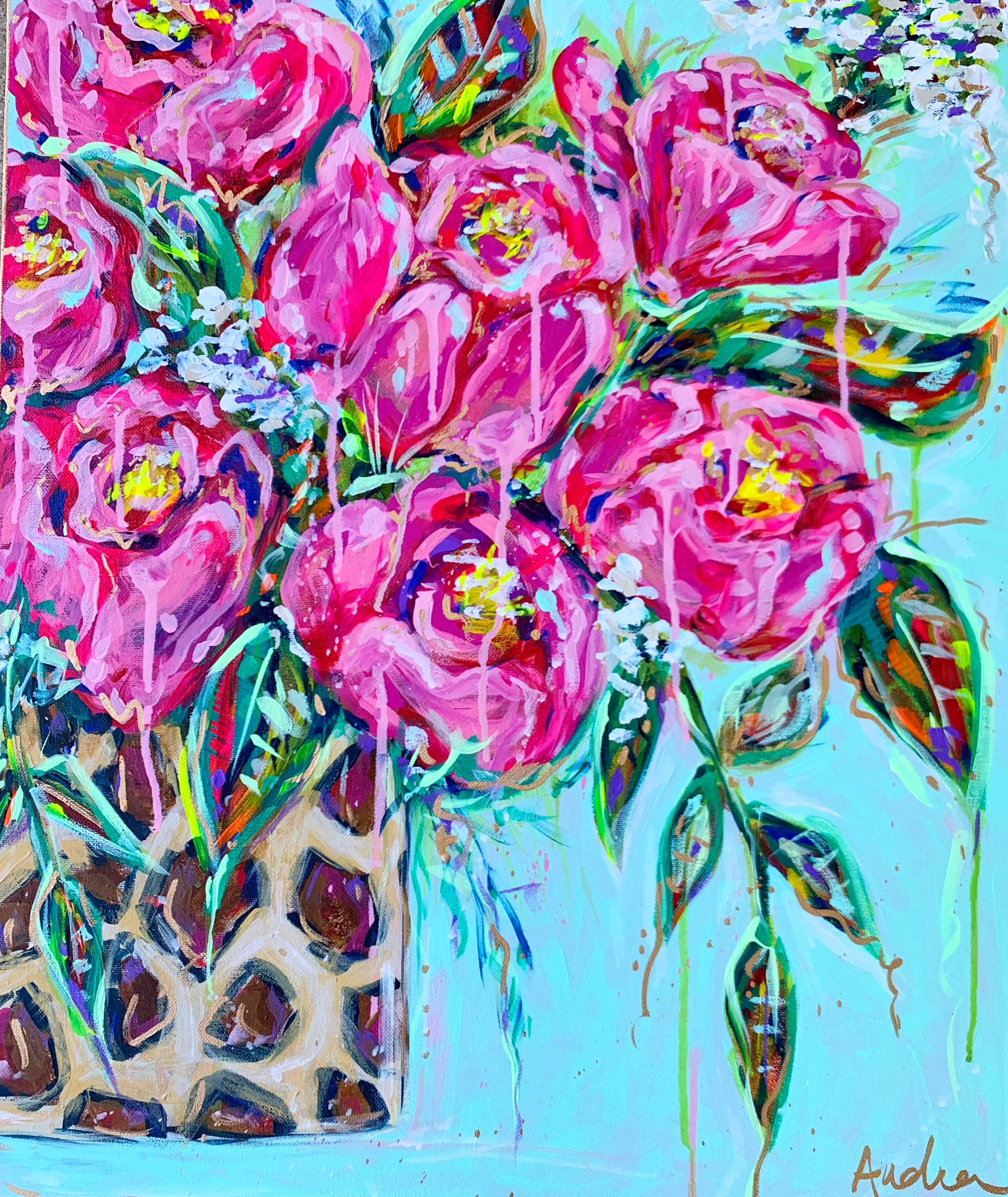 Roses in Leopard Vase Original Painting on Canvas - 20x24"