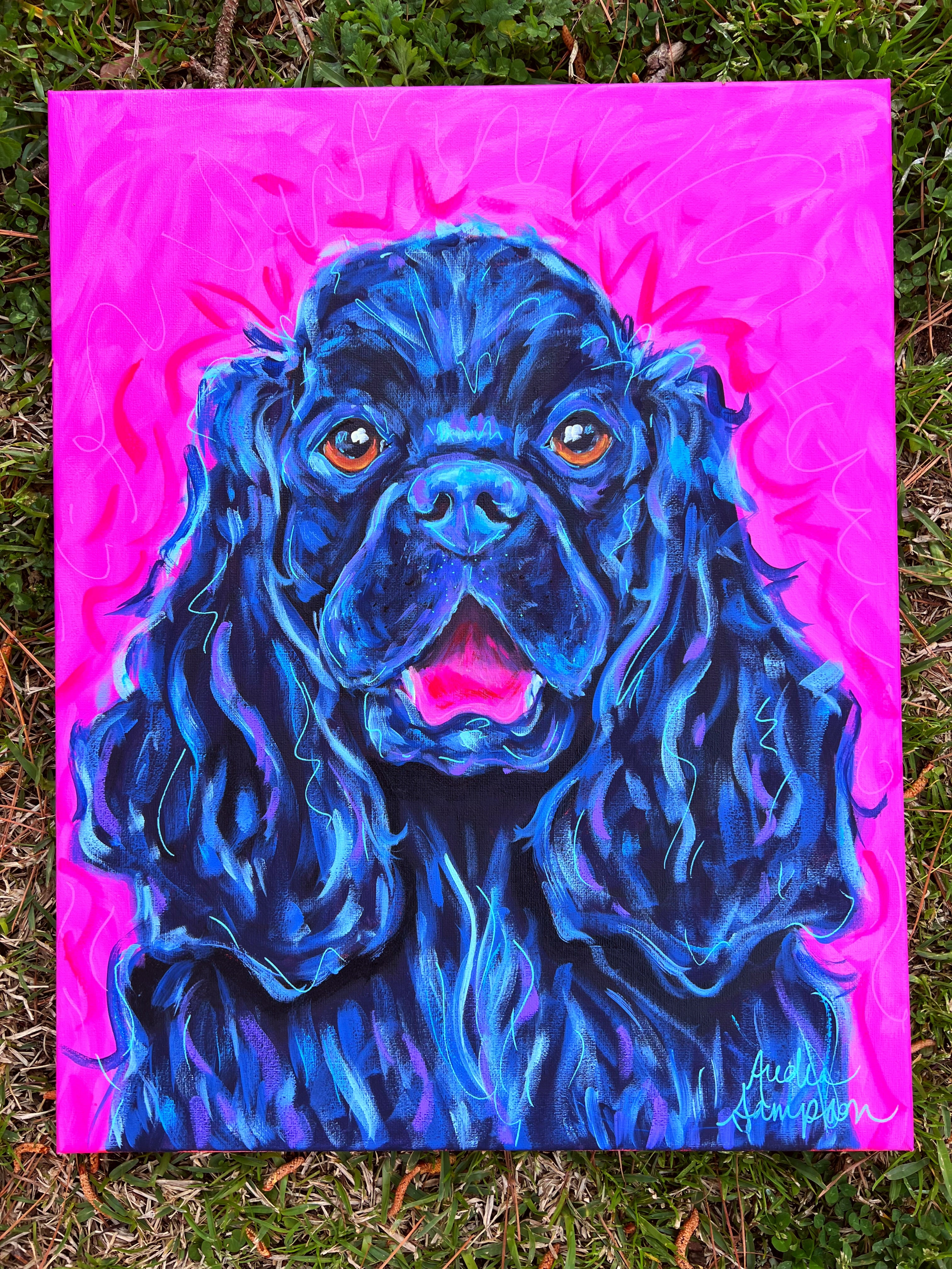 Black Cocker Spaniel Original Painting on 16x20 Canvas