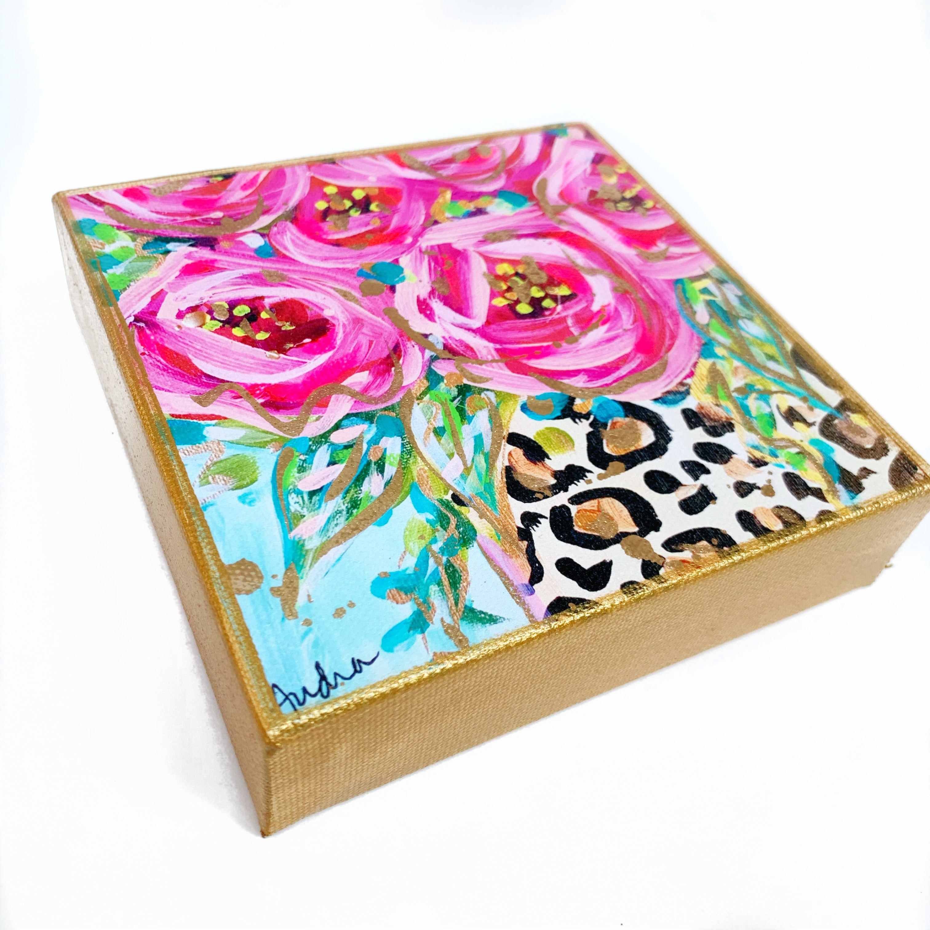 Roses Leopard Vase Blue Background on 6"x6" Gallery Wrapped Canvas